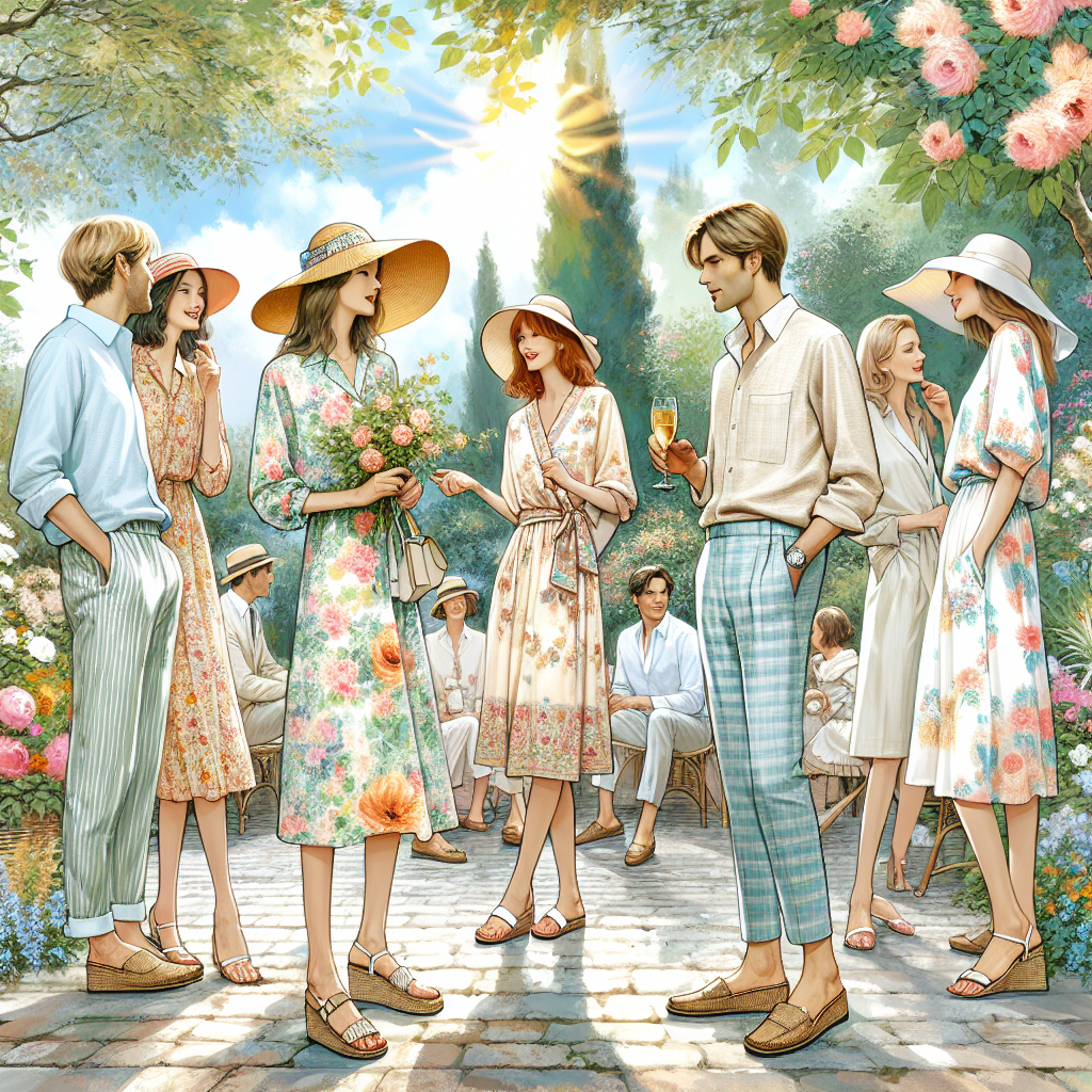 Imagine a vibrant outdoor scene of a summer garden party. Picture men and women of various descents and ages chatting and enjoying themselves amid blooming flowers and lush greenery. They are stylishly dressed in tasteful outfits designed for the summer season. For women, the outfits consist of summer dresses in an array of floral prints and pastel tones, complemented with wide-brim hats and wedges. For men, image open-neck linen shirts styled with comfortable trousers and loafers. Remember to add splashes of sun rays filtering through the trees, hinting at the warm summer day.