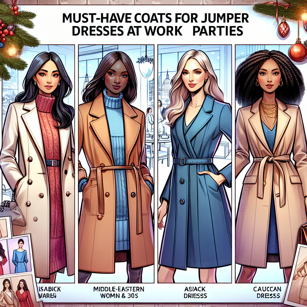 Imagine a fashion scene representing must-have coats for jumper dresses at work parties. Include four distinct designs showcasing different styles and colors, suitable for various occasions. In the background, picture an office party setting with festive decorations and cheerful colleagues. For diversity, depict four women in the coats: a Middle-Eastern woman in her 30s, an Asian woman in her 20s, a Black woman in her 40s, and a Caucasian woman in her 50s. Ensure the coats perfectly match their jumper dresses, demonstrating their elegance and style, as well as being ideal for a work party.
