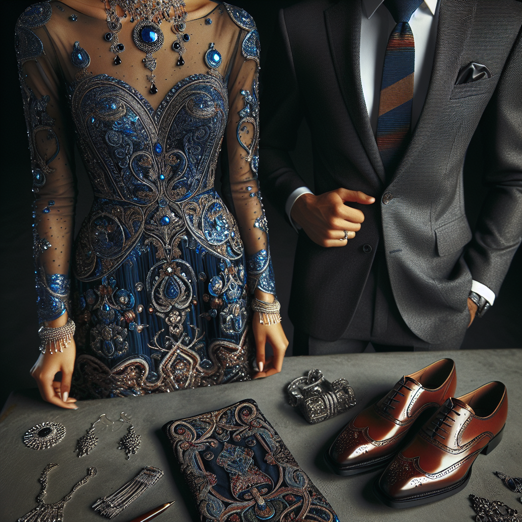 A meticulously laid-out ensemble for a festive occasion is in the spotlight. It includes a richly embroidered cocktail dress in gleaming sapphire blue, worn by a South Asian woman. A pair of glossy leather shoes match the dress, and intricate silver jewellery add a hint of sparkle. A Hispanic man nearby is donned in a sharp charcoal-grey suit with a crisp white shirt, a striped tie adding a pop of color. A pair of polished brogues completes his look. Both individuals exude confidence and elegance, fully prepared for a celebration.