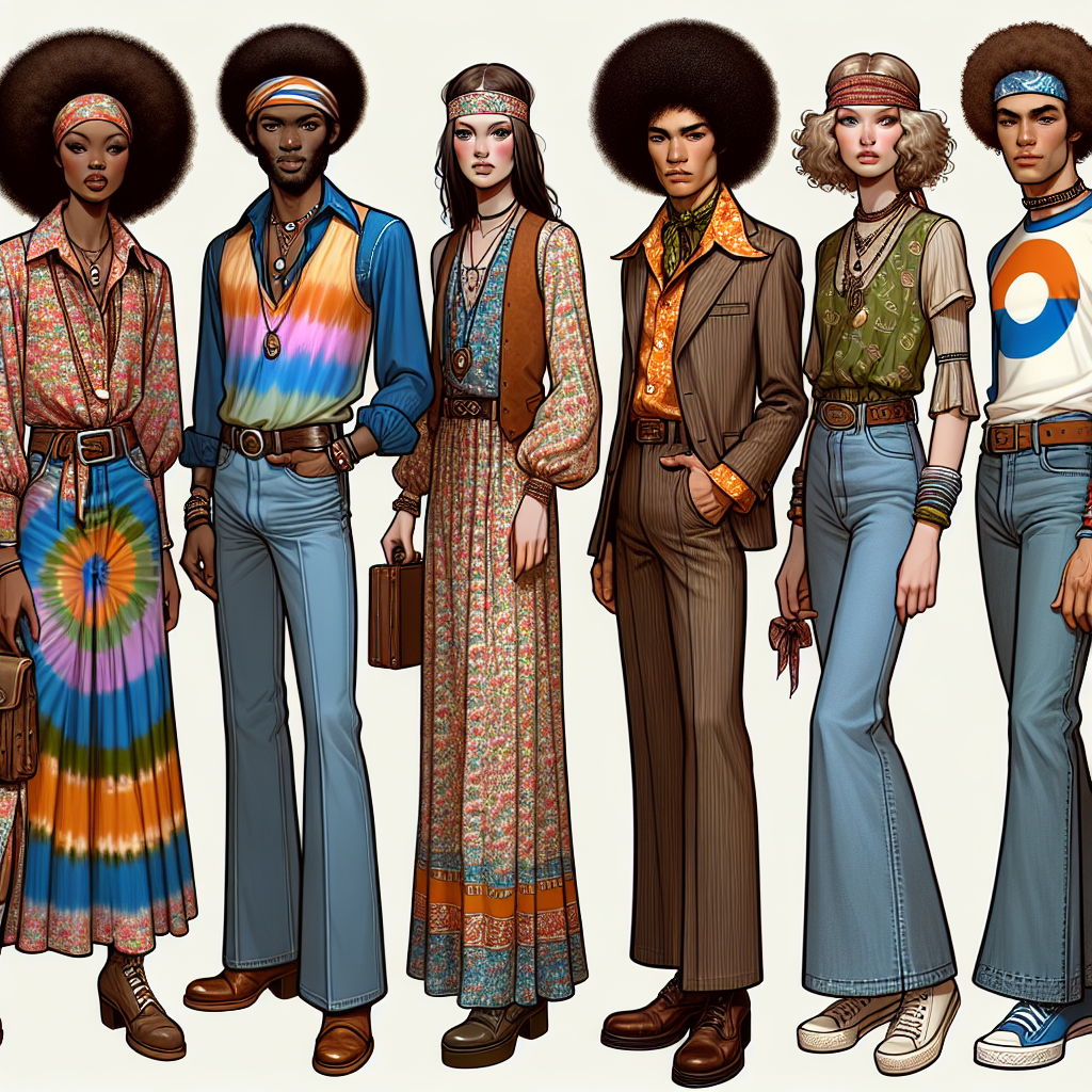 Must-Have 70s Outfits: Find Your Groovy Style! Generate an image that portrays various outfits from the 1970s. Visualize a diverse range of models showcasing these fashion trends. Start with a Caucasian woman dressed in a colorful tie-dye shirt, bell-bottom jeans, and leather platform shoes. Then, show a Black man wearing a well-fitted, brightly colored suit with wide collar and flared trousers, sporting an afro hairstyle. Additionally, illustrate a South Asian woman in a boho maxi dress, with large floral patterns, a headband, and chunky jewelry. Lastly, depict a Middle-Eastern man wearing a classic rock tee, paired with denim jeans and canvas shoes. Remember to imbue each outfit with a groovy, vintage aesthetic.