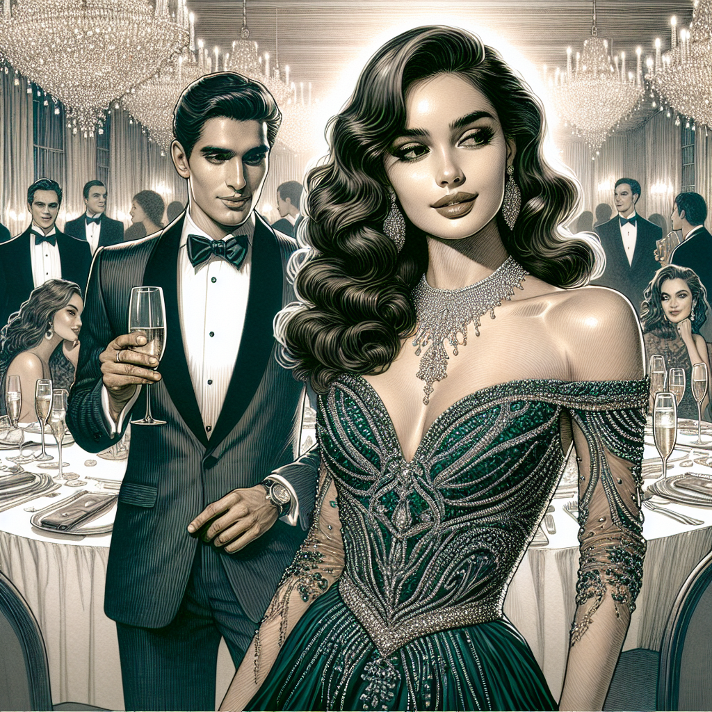 Stunning Gala Outfits: Effortlessly Impress A detailed illustration of a glamorous gala setting. In the center of the image, feature a South Asian woman wearing a stunning, intricately beaded gown in deep emerald, accessorized by a glittering diamond necklace. Portray her elegance and poise as she effortlessly captivates the room. To her right, a Middle Eastern man in a tailored tuxedo with a satin tie, exuding confidence. He's seen holding a glass of champagne, engaging in the festivities. Capture the ambience of the room with soft lighting, luxurious decorations, and scores of impressed faces in the background.