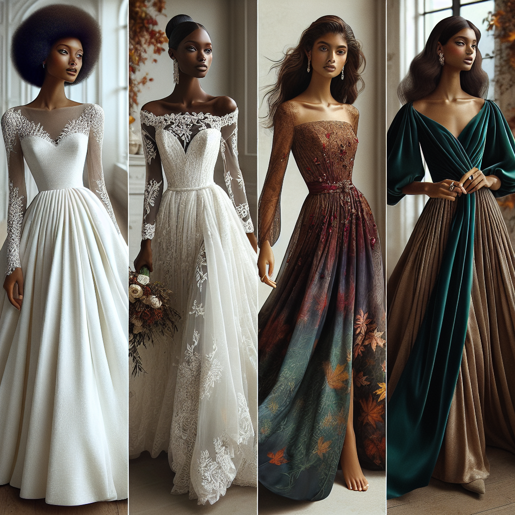 Must-Have Styles: Best Dresses for September Weddings Visualize a captivating array of stunning dresses suitable for September weddings. The first, an elegant white dress with long sleeves, lace detailing, and a sweeping train, worn by a Black woman with natural curly hair. The second, a bridesmaid dress in the hues of the Autumn leaves, a blend of gold and burgundy, donned by a Middle-Eastern woman with straight hair styled in a clean bun. The third, a guest dress in muted tones with a flowing silhouette, worn by a South-Asian woman with long wavy hair. Finally, the mother of the bride in a dress of deep emerald green, worn by a Hispanic woman with short, sleek hair.
