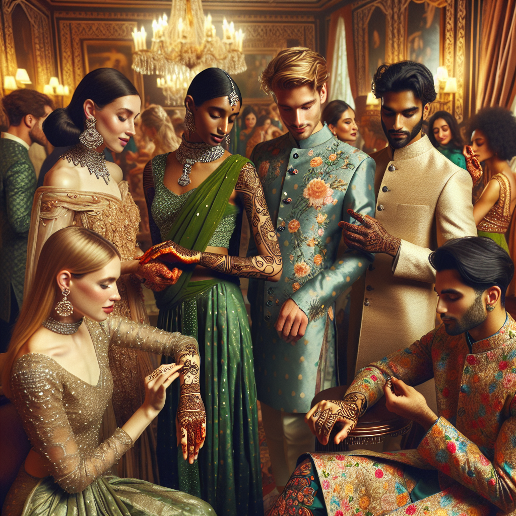 Visualize a scene from a Mehndi party. Around a richly decorated room, guests are mingling and admiring the intricate designs painted on each other's hands. There is a charming air as everyone displays their stunning outfits, a mix of traditional South Asian clothing with a twist of modern fashion. An elegant Middle-Eastern woman in a green sari is detailing a Caucasian man's eccentric kurta dotted with floral patterns. A black woman gracefully adjusts her elegant lehenga choli and an East Asian man can be seen pulling at his traditional sherwani, all effortlessly stylish amidst the festive spirit.