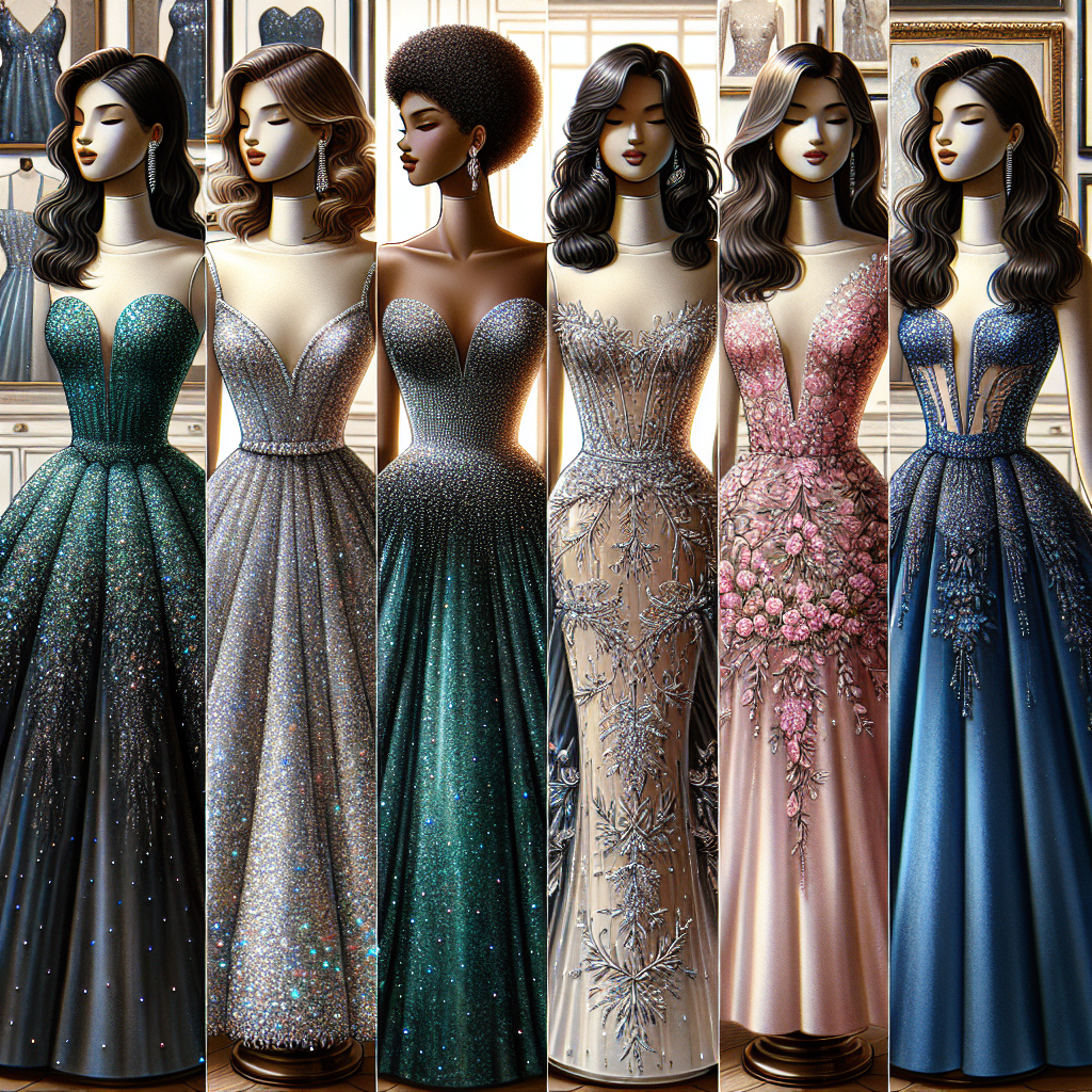 Elegant Gala Dresses: Find Your Perfect Fit A beautifully detailed image of elegant gala dresses on dress forms. There are four dresses in total. One dress is worn by a Black model with curly hair, it's an emerald green ball gown encrusted with shimmering diamonds. A second dress, displayed on a Hispanic model with a pixie cut, is a silver sequined mermaid dress. The third dress, worn by an East Asian model with long straight hair, is a blush pink A-line dress with floral appliqués. The last one on a Middle-Eastern model with wavy hair is a royal blue velvet dress with a thigh-high slit. All are set against a backdrop of a luxurious boutique.