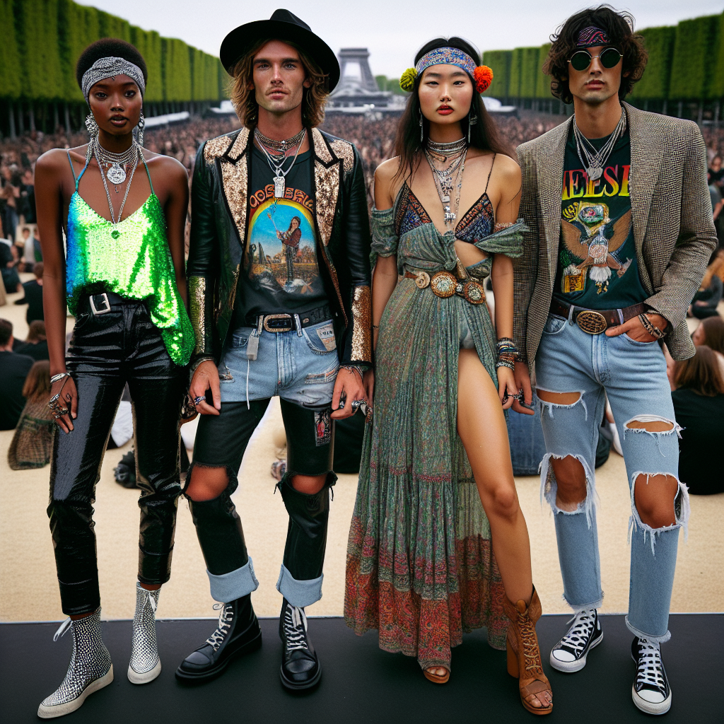 Stunning Concert Outfits: Effortlessly Stylish Scene at a concert with four music fans showing off their stunning outfits. The first person, an African female, is wearing a neon sequin top with black leather pants and a statement hair accessory. The second person, a Caucasian male, is donned in a vintage rock band t-shirt, distressed jeans, and a cool hat. The third person, a South Asian female, is wearing a bohemian-inspired maxi dress with layered necklaces and a flower crown. The last person, a Hispanic male, has on a classy blazer with a graphic t-shirt, ripped jeans, and fashionable sneakers.