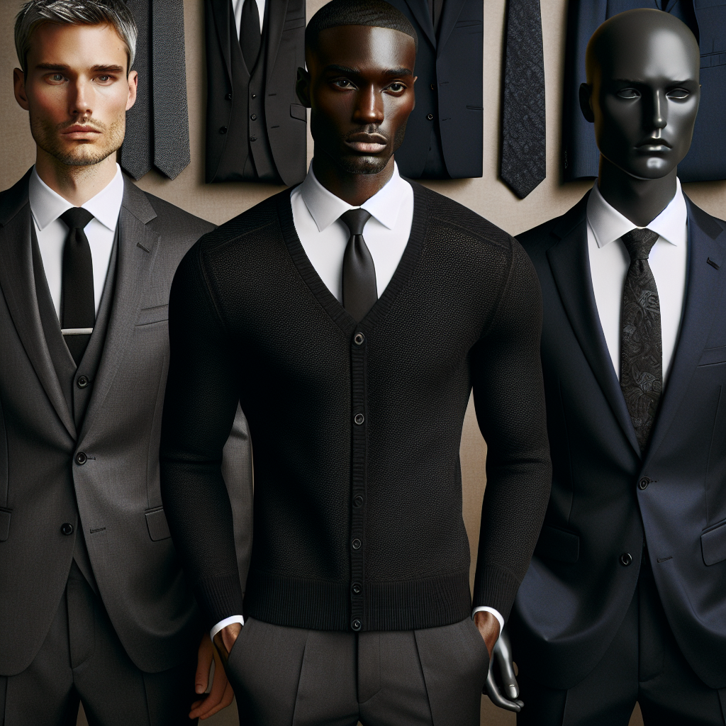 Display a collection of three suitable attires for men attending a wake. The first ensemble consists of a pairing of a charcoal gray suit, a crisp white shirt, and a black tie on a Caucasian male. The second outfit exhibits a Black gentleman in a black sweater over a dress shirt with dark dress pants and a subdued patterned tie. Lastly, show a South Asian man in a navy-blue suit with a black shirt underneath. Include a hint of the somber environment to portray the seriousness.