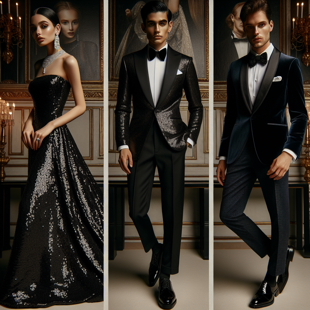 Stunning Outfits for Black Tie Events: Effortless Elegance Depict an upscale, fashionable scene featuring three individuals each dressed in elegant black tie attire. The first individual is a Middle-Eastern woman in a classic, floor-length, black sequin gown, accessorized with diamond jewelry. The second person is a South Asian man stylishly outfitted in a tailored black tuxedo with a shiny satin black bow tie and a white pocket square. The third individual is a Hispanic man in a trendy velvet, deep navy suit paired with black patent leather shoes and a matching black bow tie. Showcase these outfits on these individuals against a backdrop of an opulent, classically decorated banquet hall, emphasizing the air of sophistication and glamour.