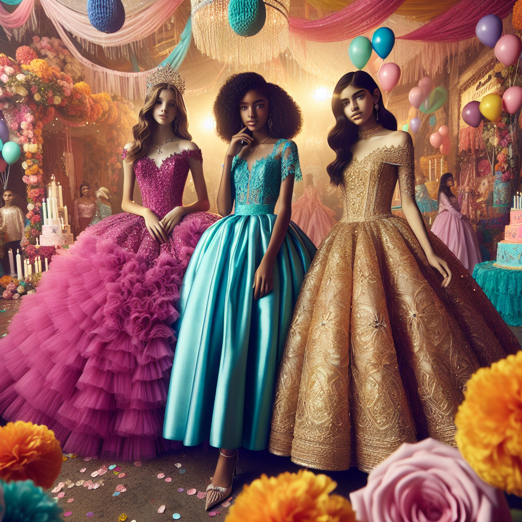 A breathtaking glimpse into a quincea&ntilde;era celebration, showcasing a style guide for girls. The focus is on three different teenagers: a Hispanic girl wearing a grand, fuchsia tulle gown adorned with sequins, a Black girl dressed in a sophisticated turquoise satin dress with delicate lace sleeves, and a Middle-Eastern girl adorned in a gorgeous golden organza dress accented with pearls. The environment is vibrant and joyful, filled with traditional decorations, marigold flowers, and pastel balloons, reflecting the rich traditions and excitement of this significant rite of passage.