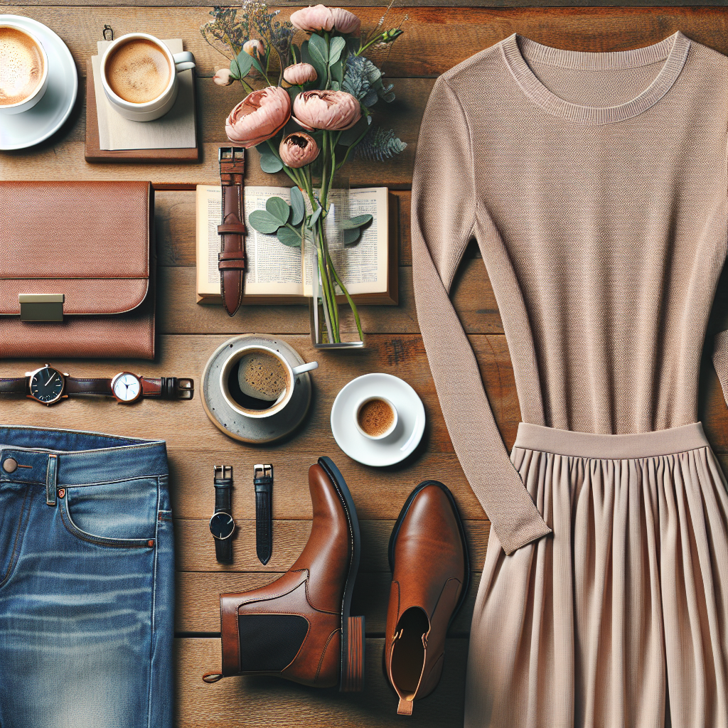 Stunning Coffee Date Outfits: Effortless Charm Visualize a fashion-focused image related to coffee date outfits. Show a flat lay arrangement of thoughtful, charm-loving clothes and accessories on a wooden table. A female outfit includes a casual, chic dress in a soft material, ankle boots, and a clutch purse. The male outfit consists of slim-fit denim trousers and a crisp white shirt paired with brown leather shoes and a wristwatch. Scattered between these, coffee cups with fresh hot coffee and a small vase with fresh flowers, creating a natural and warm atmosphere. These are the types of clothes and accessories someone might wear for a casual yet stylish coffee date ensemble.