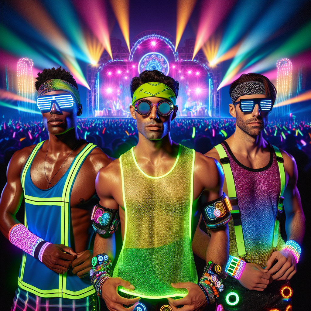 Rave Essentials: Discover Must-Have Men's Styles Create an exuberant image displaying a variety of men's rave fashion essentials. The backdrop should be a vibrant, neon-lit stage surrounded by pulsating strobe lights. In the foreground, show three men of different descent: a Hispanic man sporting a neon tank top and bandana, a Black man wearing reflective sunglasses and LED gloves, and a Caucasian man dressed in a holographic shirt and light-up shoes. Each of their outfits should be a distinct representation of unique rave style, showcasing the upbeat and colorful nature of rave culture. Please include other rave essentials like glow sticks, hydration packs, and earplugs in the image.