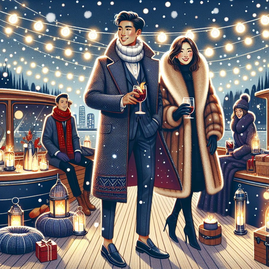 Illustrate an inviting winter boat party scene, a soft flurry gently falling from the night sky, the boat decorated with warm twinkling fairy lights. On deck, an array of guests are mingling happily. In the center, a tall Asian male in a stylish woolen overcoat holds a glass of mulled wine, his face beaming with joy. A Caucasian woman in an elegant faux-fur coat stands next to him, looking effortlessly chic. Around them, winter party essentials like thermal blankets, hand warmers, and heated drinks are tastefully arranged. The setting is lively, stylish and truly wintery.