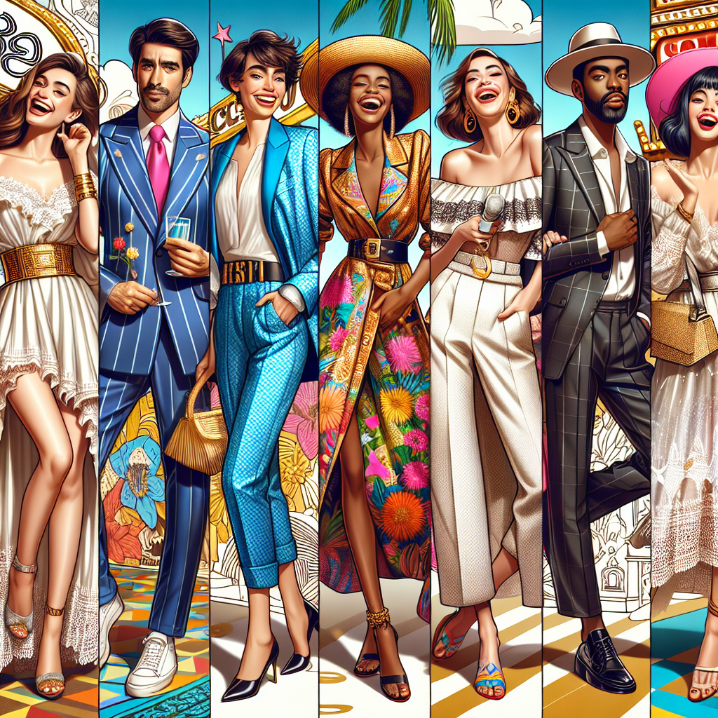 Stunning Outfits for Comedy Nights: Effortlessly Chic Craft an image exhibiting a variety of stunning outfits designed specifically for comedy nights. These attires should embody the spirit of laughter and joy while also exuding effortless chicness. Depict at least four individuals, each with different backgrounds - a Caucasian female, a Black male, a South Asian female, and a Hispanic male. Each should have a unique ensemble that speaks to their personality while also fitting the theme of comedy nights. Be sure to emphasize the luxurious yet carefree nature of the outfits. The setting should be vibrant and filled with comedic elements to further convey the comedic flavour.