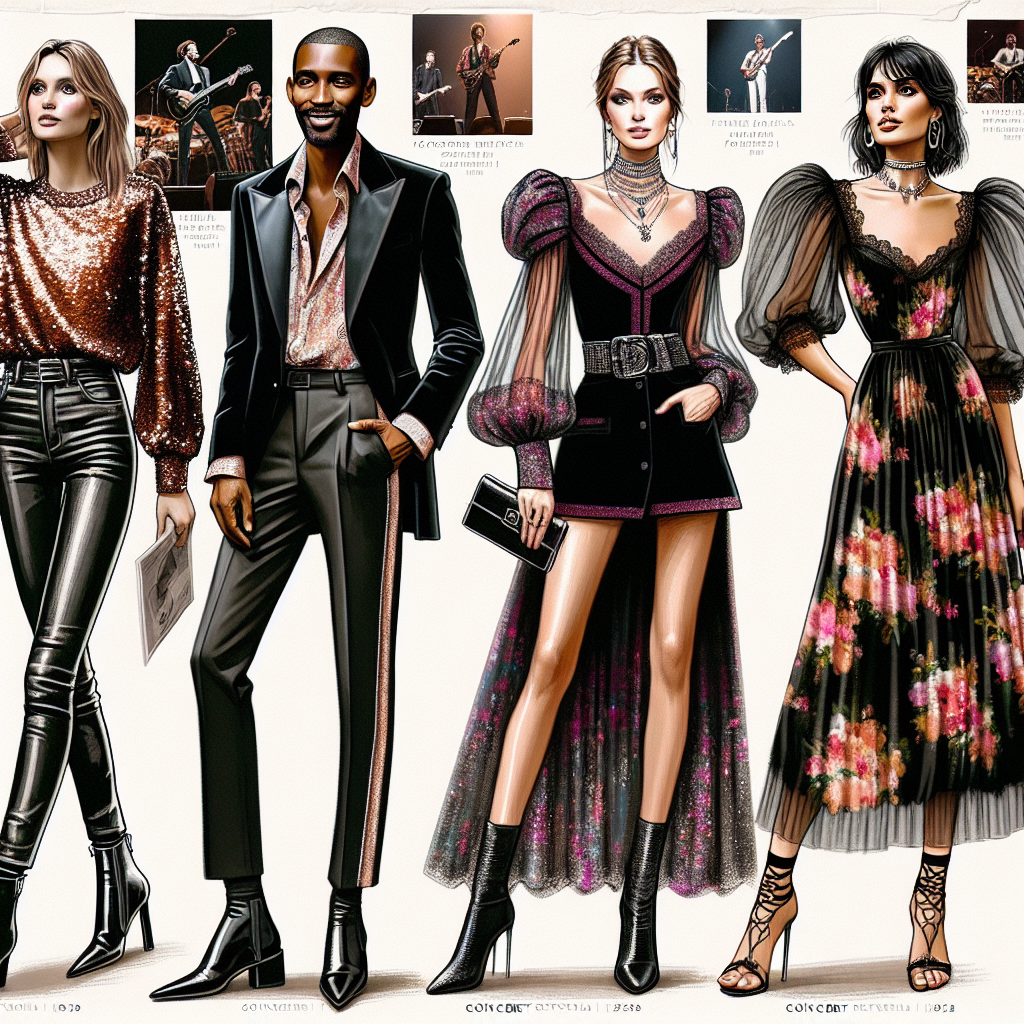 Stunning Concert Styles for Your 40s: Effortless & Chic Imagine a fashion magazine spread about stunning concert styles for people in their 40s. On the left side is a stylish Caucasian woman with a sequin top, skinny black jeans, paired with statement boots. In the middle, there's a confident Black man elegantly dressed in a dark velvet blazer, matching trousers and a patterned silk scarf. On the far right, we see a vibrant Hispanic woman dolled up in a floral midi dress with sheer puffy sleeves, finishing her look with ankle strap heels. All exuding the essence of effortless but chic concert fashion.