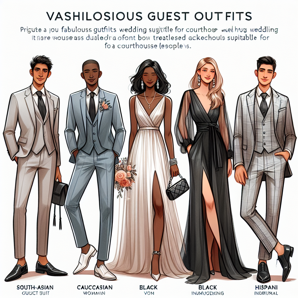 Stunning Guest Outfits for Courthouse Weddings: Effortless Style Visualize a collection of fabulous guest outfits suitable for courthouse weddings that exude effortless style. Picture an array of eye catching ensembles on a range of people. Include a South-Asian man wearing a sharp tailored suit, a Caucasian woman in a chic cocktail dress, a Black woman donning a glamorous wide-legged jumpsuit, and a Hispanic man in an elegant informal blazer. Each outfit should exemplify both fashion and comfort suitable for a courthouse setting. Add details like tasteful accessorizing and smart shoes to complete the looks.