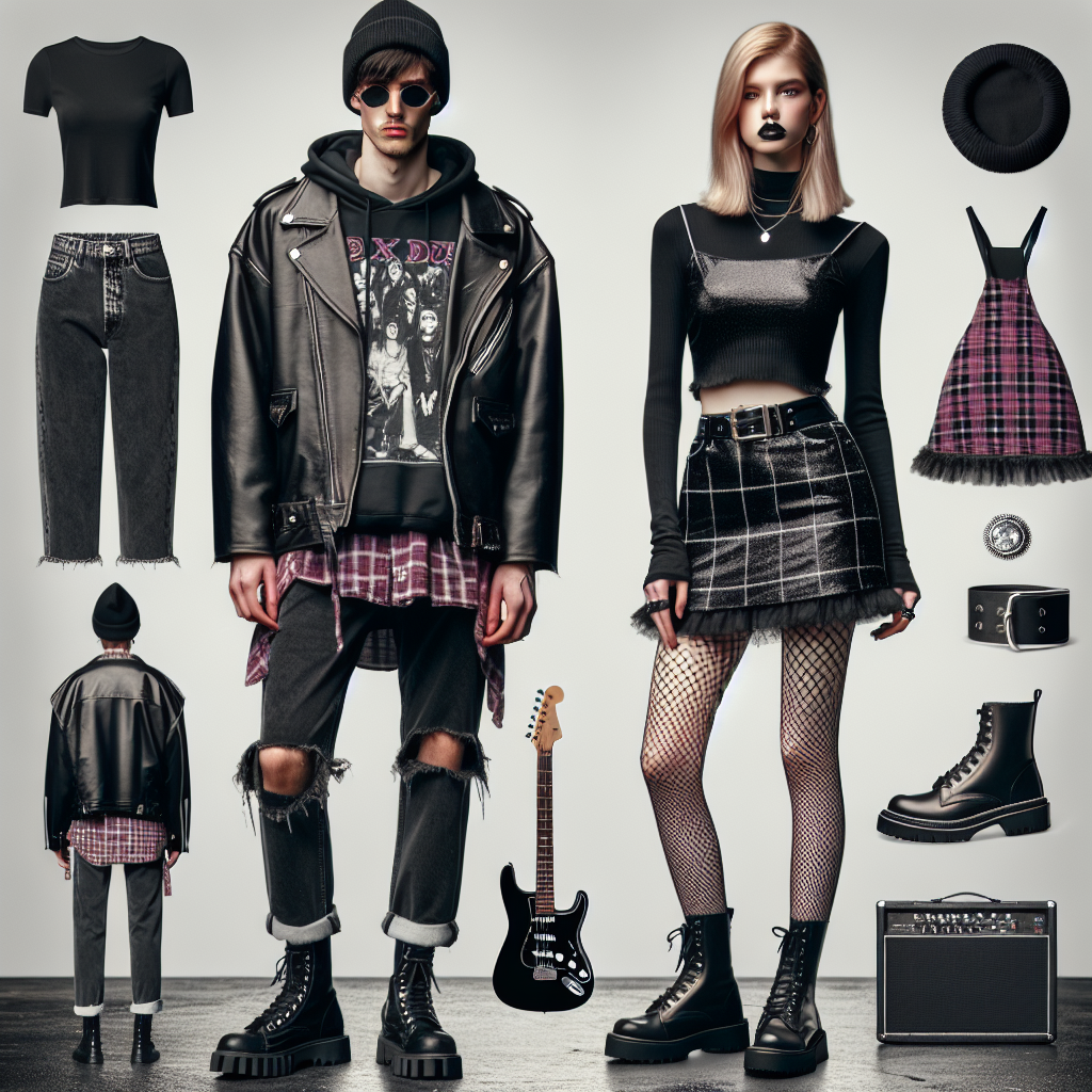 Must-Have Outfits for a 21 Pilots Concert Visualize a creative concert style outfit, perfect for a modern indie music event. In the foreground, show a young man, Black descent, dressed in a grunge-inspired ensemble consisting of distressed black jeans, oversized band t-shirt, leather jacket, and sturdy combat boots. Accessorize him with a beanie and dark sunglasses. In the background, place a Caucasian woman in a chic punk look which includes a plaid mini skirt, cropped band tee, fishnet stockings, and black chunky boots. Accents include bold lipstick and statement earrings. Base the ambiance on enthusiasm and energy that's typical of live music concerts.