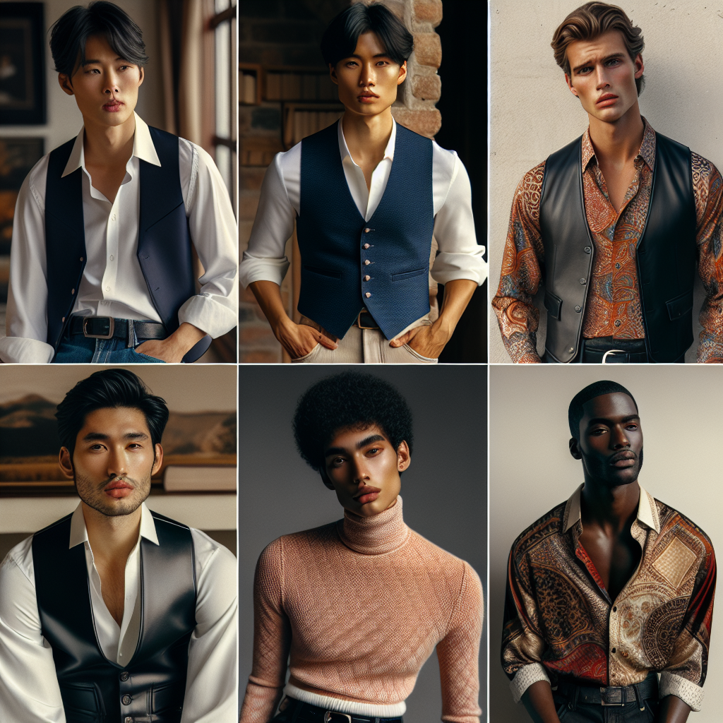 A collage showcasing effortless and stunning fashion choices to wear under a vest. In the middle, an East Asian man is wearing a white button-up shirt beneath a navy blue vest. On one side, a Black woman is pairing a black vest with a brightly colored turtleneck. The other side features a Hispanic man elegantly combining a patterned silk shirt with a sleek leather vest. Lastly, a South Asian woman is seen sporting a vest over a lace blouse. This eclectic mix of styles and genders emphasizes the variety and versatility of vest fashion.
