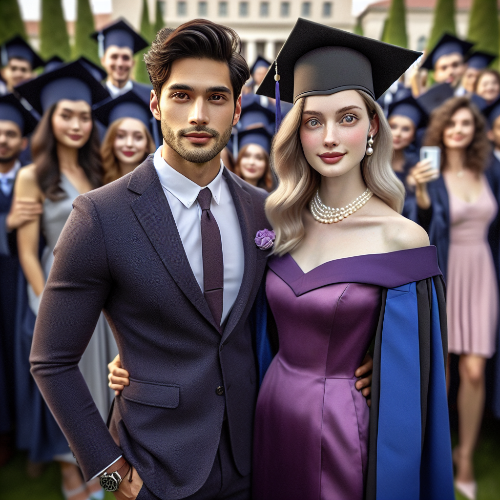 Imagine a scene at a college graduation event. On the left, visualize a South Asian man in his early twenties, tall and lean, dressed in an elegant navy blue suit with a matching tie, crisp white shirt, clean shoes, and a mortarboard on his head. To the right, picture a Caucasian woman, also in her early twenties, with a stylish purple dress, paired with a graduation gown over it and a matching mortarboard, accessorizing with a pearl necklace and bracelet. The ambience is celebratory with fellow grads and family members in the background, all in various graduation outfits, capturing the joyous moment.