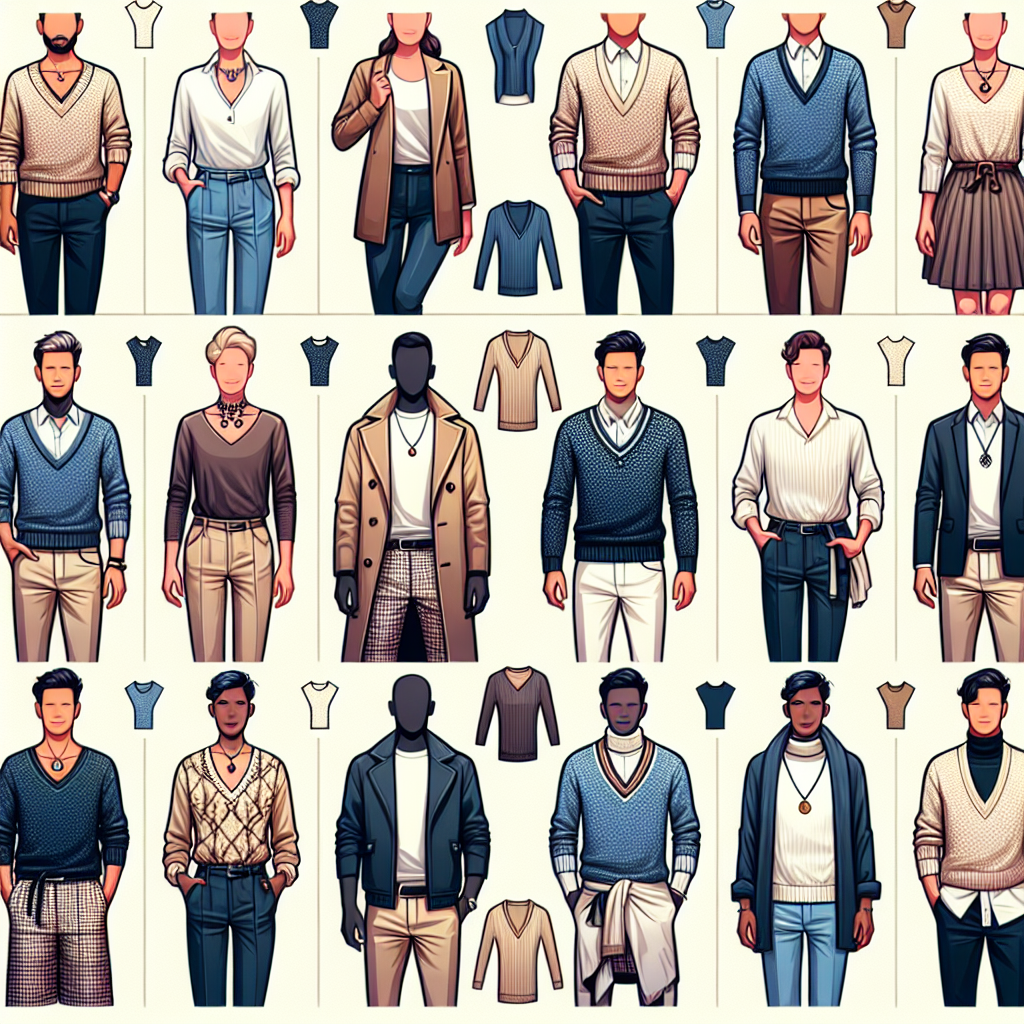 Imagine a detailed visual tutorial showcasing a variety of outfits that pair well with a V-neck sweater. This should feature both men and women of all descents, including Black, Hispanic, Caucasian, South Asian, and Middle-Eastern individuals. Highlight unique and stylish choices, such as crisp button-down shirts, turtlenecks, and decorative necklaces. Also, include scenes where they are showcasing different types of pants or skirts matched with the sweater. The background should be kept simple and uncluttered, focusing mainly on the clothing and accessories.