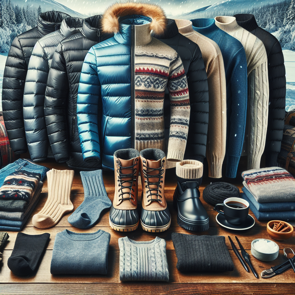 Create a detailed and appealing image showcasing essentials outfits for a cold plunge. The picture should present a variety of comfortable and warm clothing items spread out pleasingly, it may include items such as thermal underwear, thick socks, waterproof boots, and down jackets. Show these items in a variety of colors and styles to appeal to a broad range of tastes. Additionally, add in a background of a pristine snowy landscape to set the mood. Sitting at the forefront of the image, place a hot beverage visible to communicate the warmth and comfort these outfits provide in cold weather conditions.