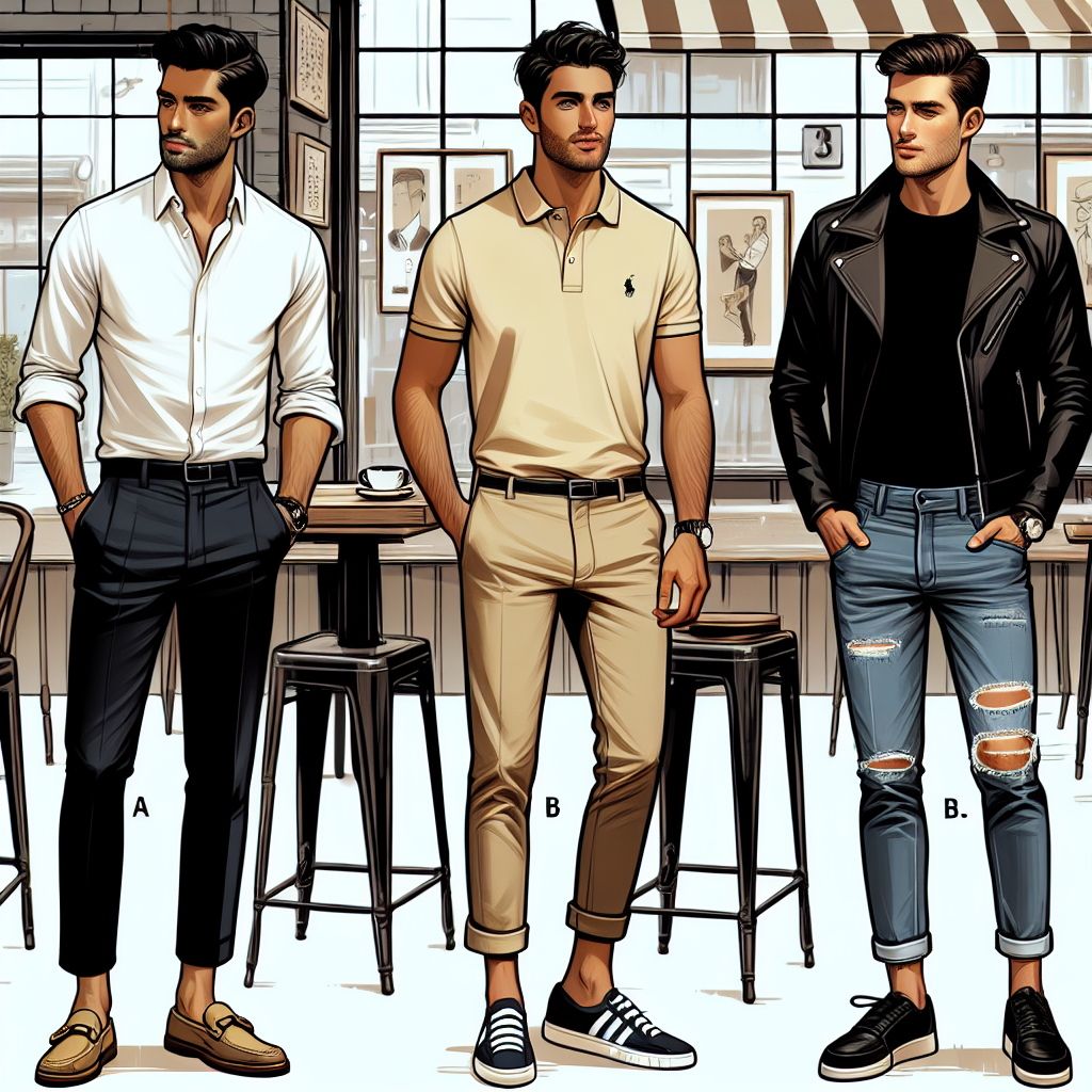 Create a diverse illustration showing three men of South Asian, Hispanic, and White descent, exhibiting different casual yet stylish outfits for a coffee date. The man on the left is dressed in a classic white shirt, jeans and loafers, the South Asian man in the middle is wearing a polo shirt with chinos and sneakers, and the man on the right is wearing a leather jacket, black tee, and denim jeans. Each outfit is completed with accessories like a cool watch, a classy pocket square or trendy sunglasses. The background is a stylish cafe setting.