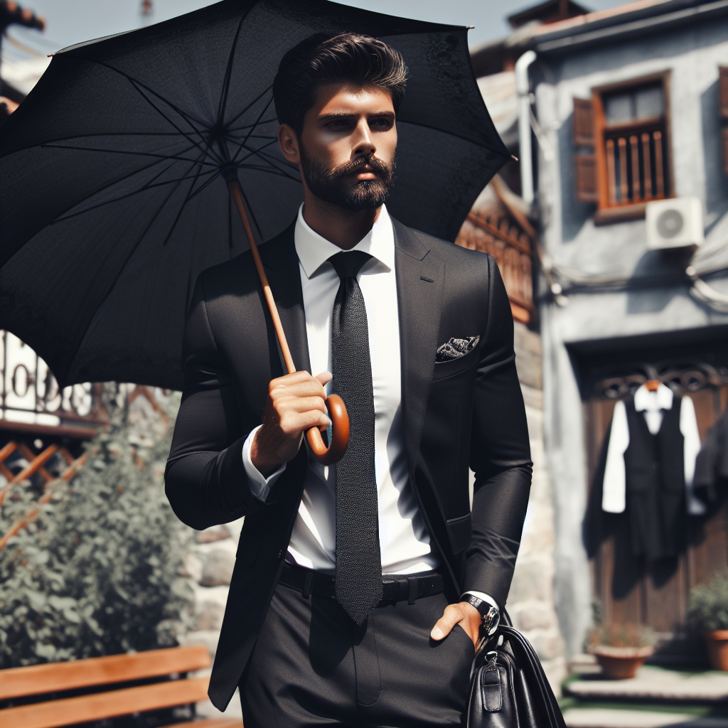 Stunning Summer Funeral Attire for Men: Effortless Elegance Visualize an elegantly dressed man showcasing summer funeral attire. The man is of Middle-Eastern descent with a tastefully groomed beard. He is wearing a lightweight black suit tailored to impeccable fit. It is paired with a crisp, white button-up shirt and a sightly silk black tie. He carries a light, black umbrella to shield from the summer sun, adding to the refined look. A quaint outdoor setting at daytime in the backdrop suggests temperatures appropriate for summer. The atmosphere is solemn yet dignifying, and style exudes an effortless elegance.