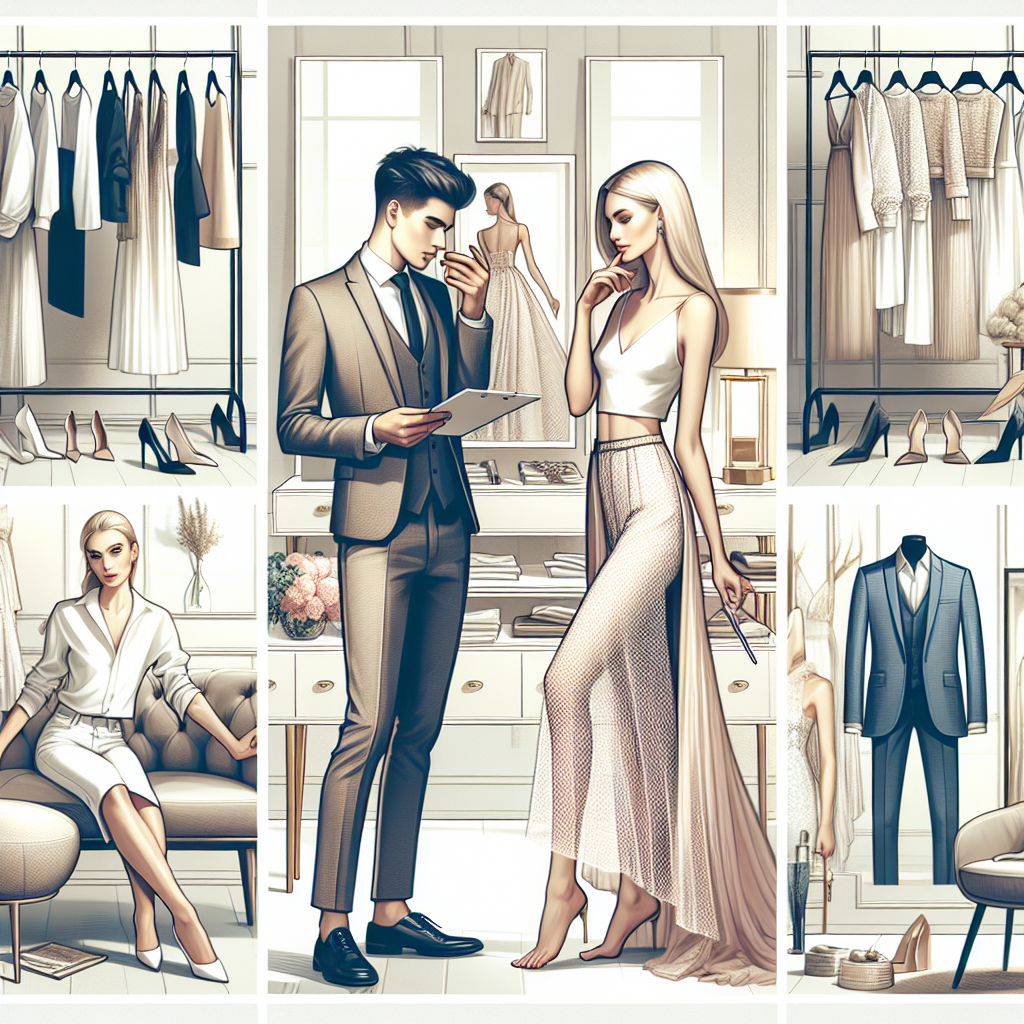Create a dynamic collage presenting a variety of must-have outfits for a bridal appointment. Make sure the image portrays outfits for every part of the day, from a chic and comfortable morning setup to elegant and glamorous evening attire. Include a selection of outfits that brings together different sartorial tastes and inspirations. The image should feature two fashion-conscious individuals, one a Caucasian woman and the other a Hispanic man, inspecting and considering these different outfits for their upcoming bridal appointments. The setting should be a contemporary, well-lit boutique, with racks of clothes, mirrors, comfortable seating areas and a selection of accessories on display.