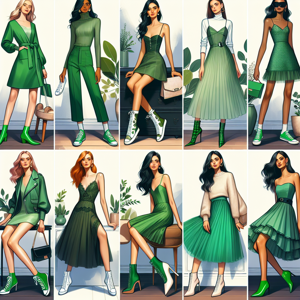 Create an image showcasing a diverse array of footwear that perfectly pairs with green dresses. The scene may include six different shoes such as chic pumps, cozy flats, vibrant sneakers, elegant stilettos, edgy boots, and versatile sandals, each uniquely complementing a different type and shade of green dress. Display these in a harmonic fashion magazine style layout to reflect the theme of the article. Incorporate women of different descents like Hispanic, Middle-Eastern, Black, White, South Asian, and Caucasian each modeling one of the shoe-dress combinations.
