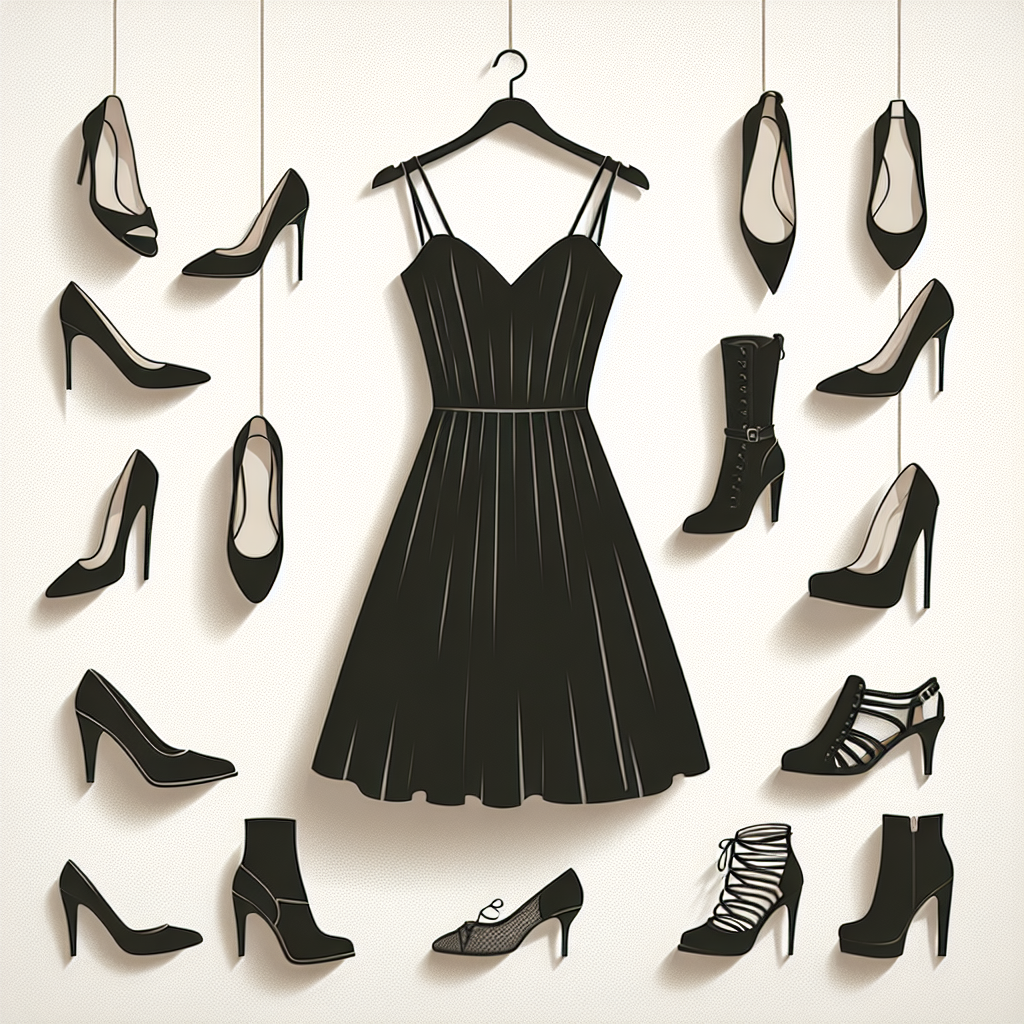 Create an elegant image featuring a hanging black dress with must-have shoes positioned below it. The shoes should vary in styles like stilettos, pumps, sandals, boots, and flats to represent the spectrum of classy, casual, and dramatic styles. The black dress, symbol of elegance, should have simple lines and minimalistic details. The background should be neutral to highlight the shoes and dress. Arrange the shoes such that it feels like they are being paired with the dress. Be sure to demonstrate the diverse styles that can be paired with a black dress.