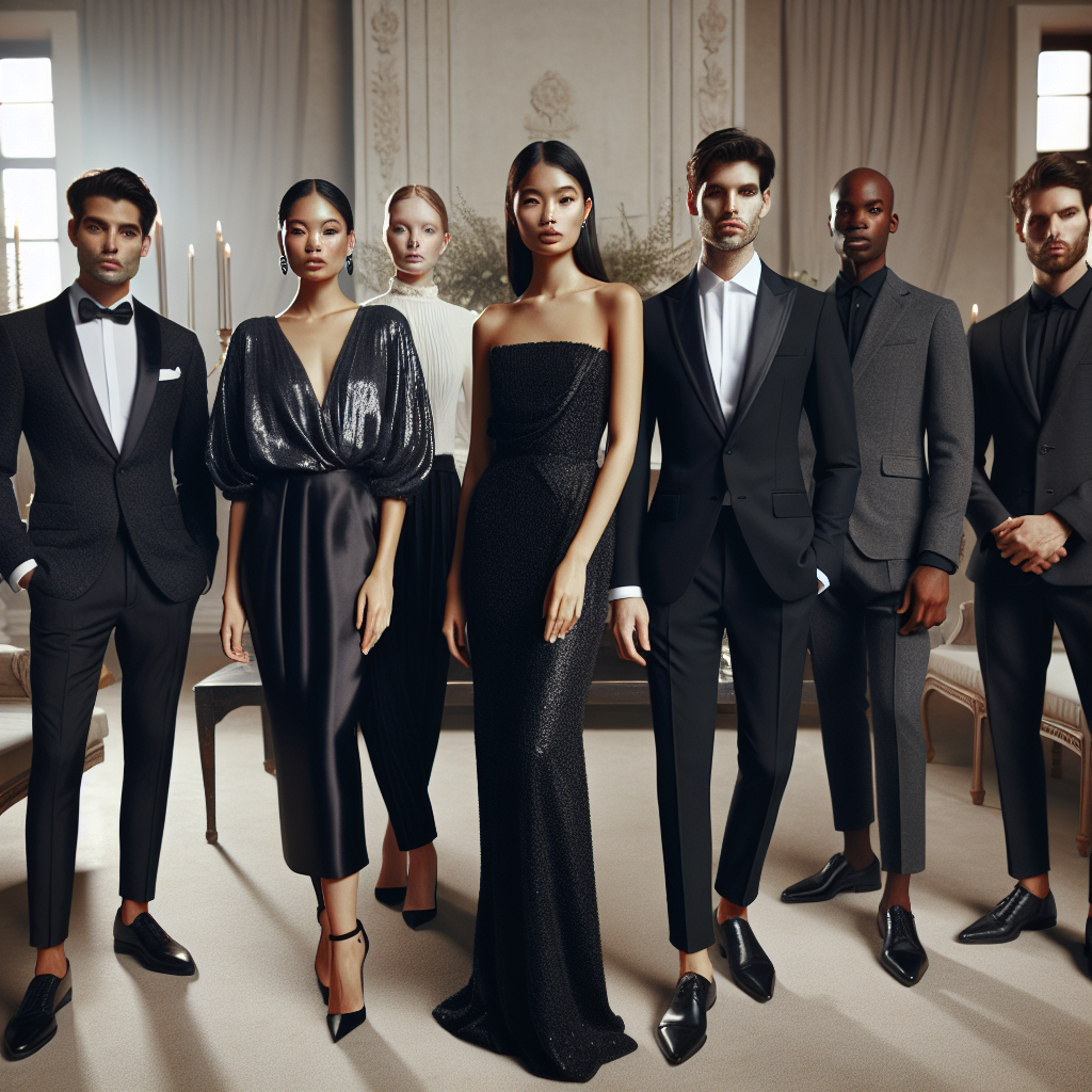 Create an illustrative image showing a group of diverse individuals dressed in effortless and classy attire suitable for a celebration of life event. Show a mixture of genders and descents. Include a South Asian gentleman in a tailored black suit with crisp white shirt, a Middle-Eastern woman in a lustrous dark mourning dress, a White woman in a sophisticated black blouse and skirt, a Black man wearing a sleek charcoal grey suit, and a Hispanic man in a simple yet elegant black tunic. The setting of the image should be a tastefully decorated hall with soft ambient lighting, giving off a peaceful and respectful atmosphere.
