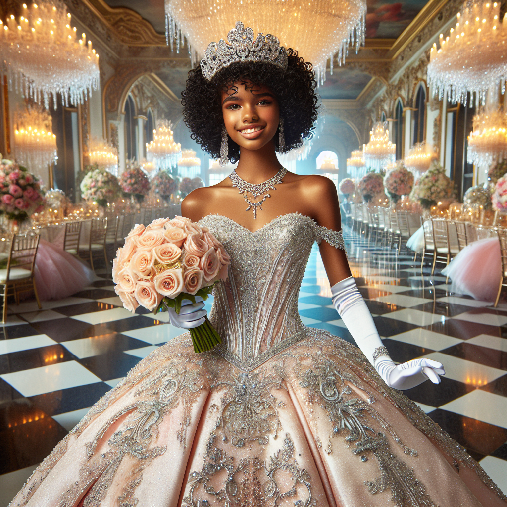 Imagine a grand ballroom filled with radiant smiles and joyous celebration. In the center is a teenage girl, elegantly dressed on her Quincea&ntilde;era. Her elaborate gown sparkles in hues of pastel pink with intricate silver embroidery and beaded details cascading down the skirt. She has an Afro-Latina descent and her curly black hair is beautifully adorned with an ornate tiara. Balancing a modern style with traditional heritage, her outfit is complemented with satin gloves, a silver necklace, and a blooming bouquet of roses. The scene perfectly embodies her transition into adulthood with grace and elegance.