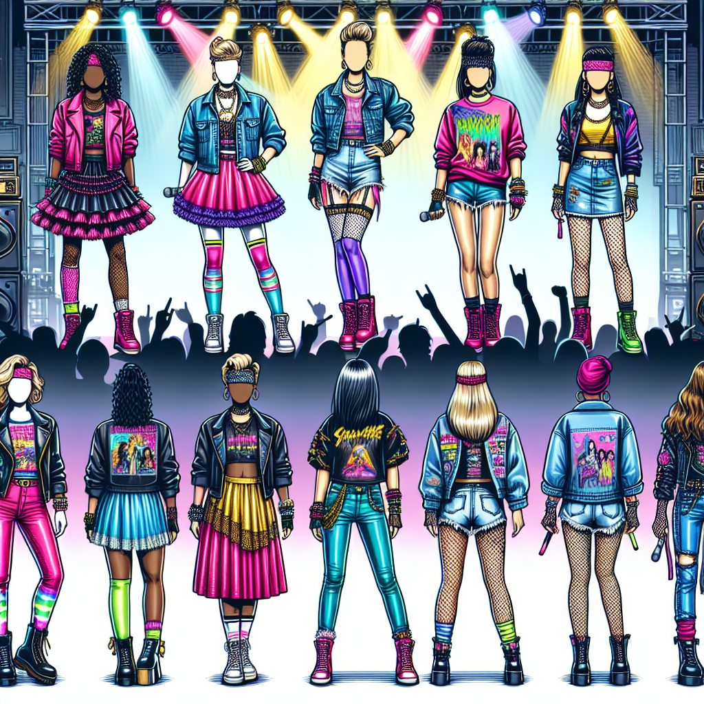 What to Wear to a Cyndi Lauper Concert: Stunning Picks A vibrant and detailed illustration showcasing a variety of 80's inspired fashion outfits for a pop music concert. Include the style of neon colors, denim jackets, ra-ra skirts, graphic t-shirts, heavy jewelry and fishnet gloves. Should also show individuals of various descents such as Caucasian, Hispanic, Black, Middle-Eastern, and South Asian, each wearing these outfits. Create a background of a concert stage with lights and speakers to truly set the concert vibe. No identifiable features of the performer are to be shown on the stage.