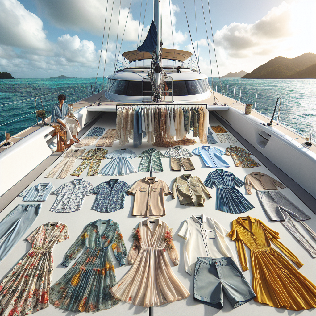 Envision a beautiful day on a spacious catamaran. It's covered in a vivid array of exclusive outfits laid out meticulously, each cascade of fabric reflecting the sunlight. In the foreground, there are resort wear pieces for both genders. A chic floral dress showcases the effortless style for women, while a casual polo shirt paired with khaki shorts demonstrates the men's look. The outfits are in soft, cool colors echoing the hues of the sea and sky. Further away, the catamaran's white sails billow against a clear blue sky. This scene encapsulates the ultimate fashion guide for a catamaran day trip.