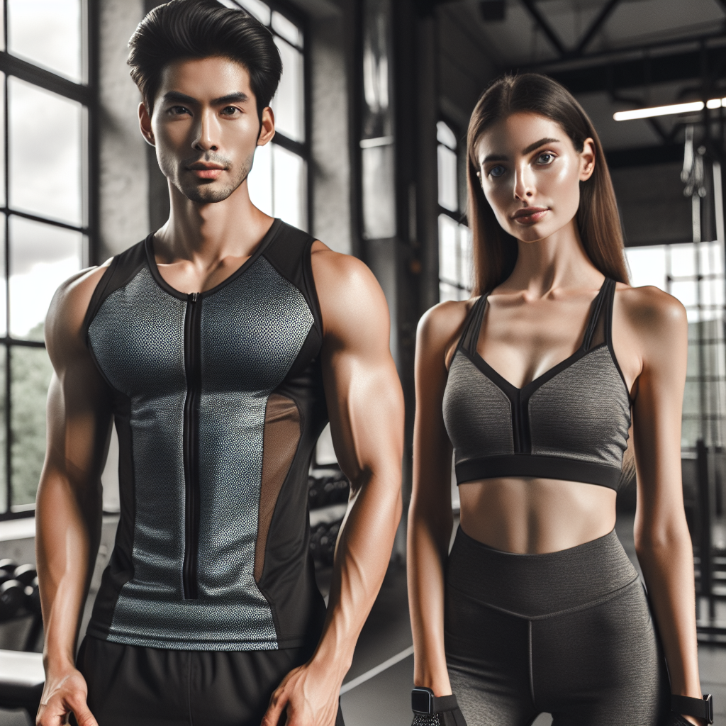 Picture this: a South Asian male in modern, breathable gym attire, alongside a Caucasian female in stylish, form-fitting gear. Together, they represent a blend of comfort and style in fitness fashion. They're in a clean, well-lit gym environment with high-quality equipment in the background, promoting a healthy lifestyle. Take notice of the refined detail in their workout clothing: moisture-wicking fabrics, stretchy materials, ventilated areas for breathability, and features for enhancing comfort. Show us their determination and concentration, encapsulating the spirit of fitness.