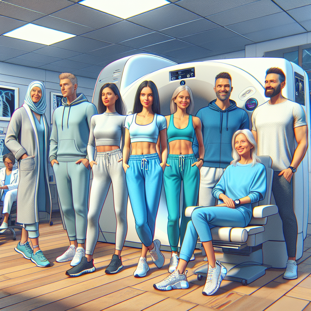 Dexa Scan Attire: Effortless & Stunning Choices Create an image that represents the concept of 'Dexa Scan Attire'. The image should depict individuals ready for a medical Dexa Scan with comfortable and fashionable clothes. Paint a scene inside a well-appointed radiology clinic, with a state-of-the-art Dexa Scan machine in the background. The individuals presented may include a Caucasian woman in comfortable athletic wear, a Middle Eastern man in cozy casuals, and an Asian woman in relaxing loungewear. All are happily waiting for their turn and highlighting the ease and style of their Dexa Scan attire. Avoid realistic representations of specific living people and maintain a positive and inclusive atmosphere.