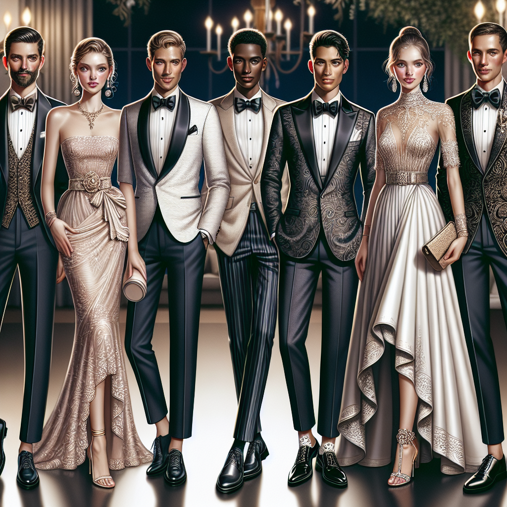 Stunning Wedding Guest Outfits: Effortless Elegance Visualize a scene at a sophisticated wedding party where guests are dressed in stunning outfits that exude an aura of effortless elegance. Guests include men and women of various descents, such as Caucasian, Hispanic, and Black, each displaying their unique fashion sense. Detailed variety in outfit design, with some wearing tuxedos, some in sleek designer dresses. Everyone carries themselves with grace and poise, adding to the remarkable elegance of the scene. Accessories and footwear complement each outfit, adding an extra layer of sophistication. The ambiance is very elegant and perfect for an extravagant wedding.