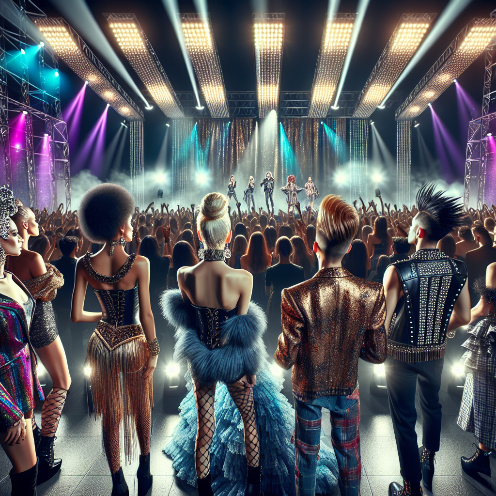 A glamorous portrayal of a music concert setting with enthusiastic guests, designed to reflect their admiration for a renowned pop-rock singer. The focus is on the crowd, displaying an array of stunning outfits that reflect the edgy, distinctive spirit of the singer, including references to bold colors, lace-up boots, intricate accessories, and faux mohawk hairstyles. A concert stage backlit by pulsating lights and towering speakers adds to the vibrant atmosphere. People of diverse descents and genders are present, embodying an equal love for music and fashion.