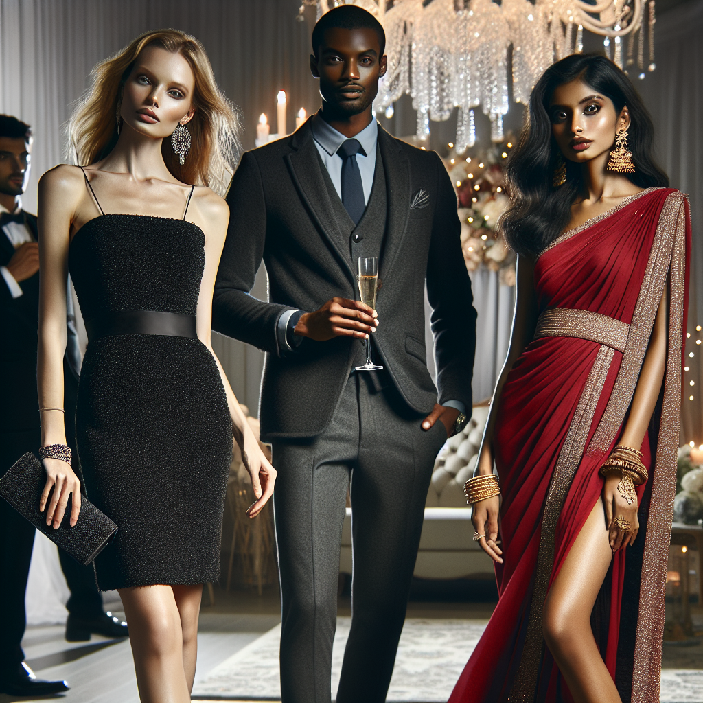 Cocktail Wedding Attire: Discover Stunning Looks Visualize an elegant scene of three individuals attending a cocktail wedding. The first person, a Caucasian woman, is wearing a sophisticated black knee-length cocktail dress accompanied by a matching clutch and high heels. The second person is a Black man, looking sharp in a charcoal grey suit, complete with a light blue shirt and a dark tie, and the third person, a South Asian woman, is styled in a vibrant red cocktail saree with intricate gold jewellery. The backdrop includes stylish wedding decorations bathed under a soft light from a crystal chandelier.