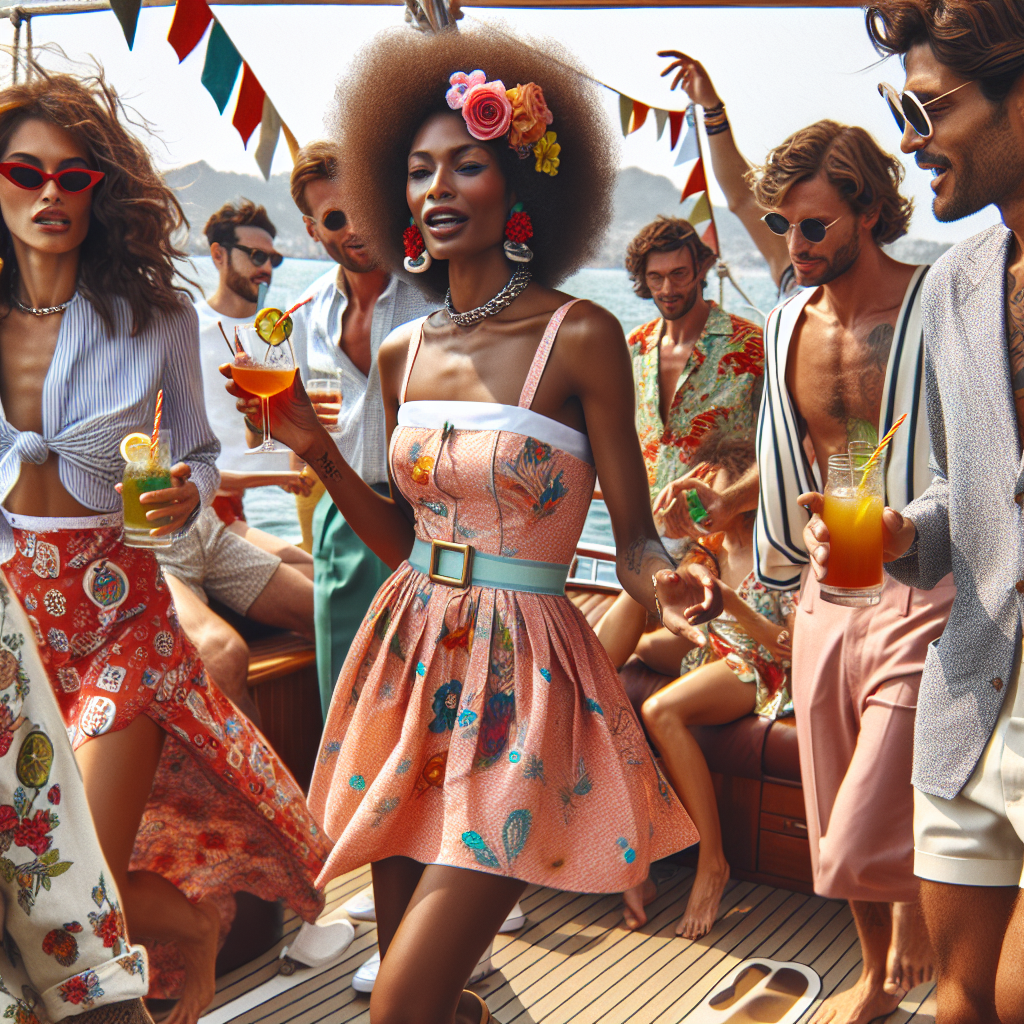 Imagine an exciting scene at a boat party on a sunny day. The boat is filled with people of diverse descents and genders. Creatively dressed guests, reflecting a sense of joy and freedom. One individual is sporting a stylish, retro-inspired sundress, with bright floral prints. There's a man, in a casual linen shirt and chino shorts, sipping on a cocktail. Another individual is wearing a colorful sarong, their hair adorned with tropical flowers. They are all teeming with energy and excitement, chatting, laughing, and dancing to the rhythm of soft music floating in the air.