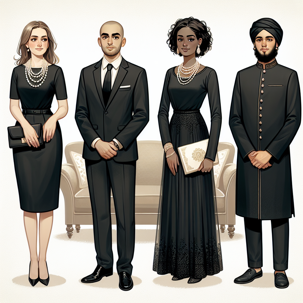 Illustrate a respectful scene at a funeral with a clear focus on people's attire. Show four individuals - a Caucasian woman dressed in a classy, modest black dress with a pearl necklace, a Middle-Eastern man in a conservative black suit with a well-pressed white shirt, a Black woman in an elegant black top and skirt ensemble paired with simple jewelry, and a South Asian man in a black sherwani with muted detailing. You can also hint at some clothing items that would be inappropriate for the occasion, such as brightly colored clothes, flashy accessories, or casual wear like jeans and t-shirts.