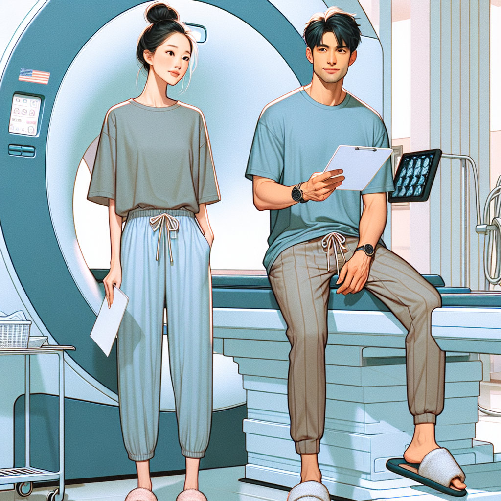 What to Wear for an MRI: Effortless, Safe Choices Illustrate a scene of a woman of Asian descent and a man of Hispanic descent in a modern hospital setting, awaiting an MRI scan. Emphasize their attire, both dressed comfortably in effortless, safe clothing suitable for an MRI scan. This includes loose-fitting cotton t-shirts, drawstring pants, and slippers. Both should appear relaxed, each person portraying a different expression: the woman appears intrigued, examining the MRI machine, while the man looks calm, reading a medical brochure. Exclude any potentially hazardous accessories such as jewelry, watches, or metallic objects. The overall ambiance should be inviting and calming, using light pastel colors.