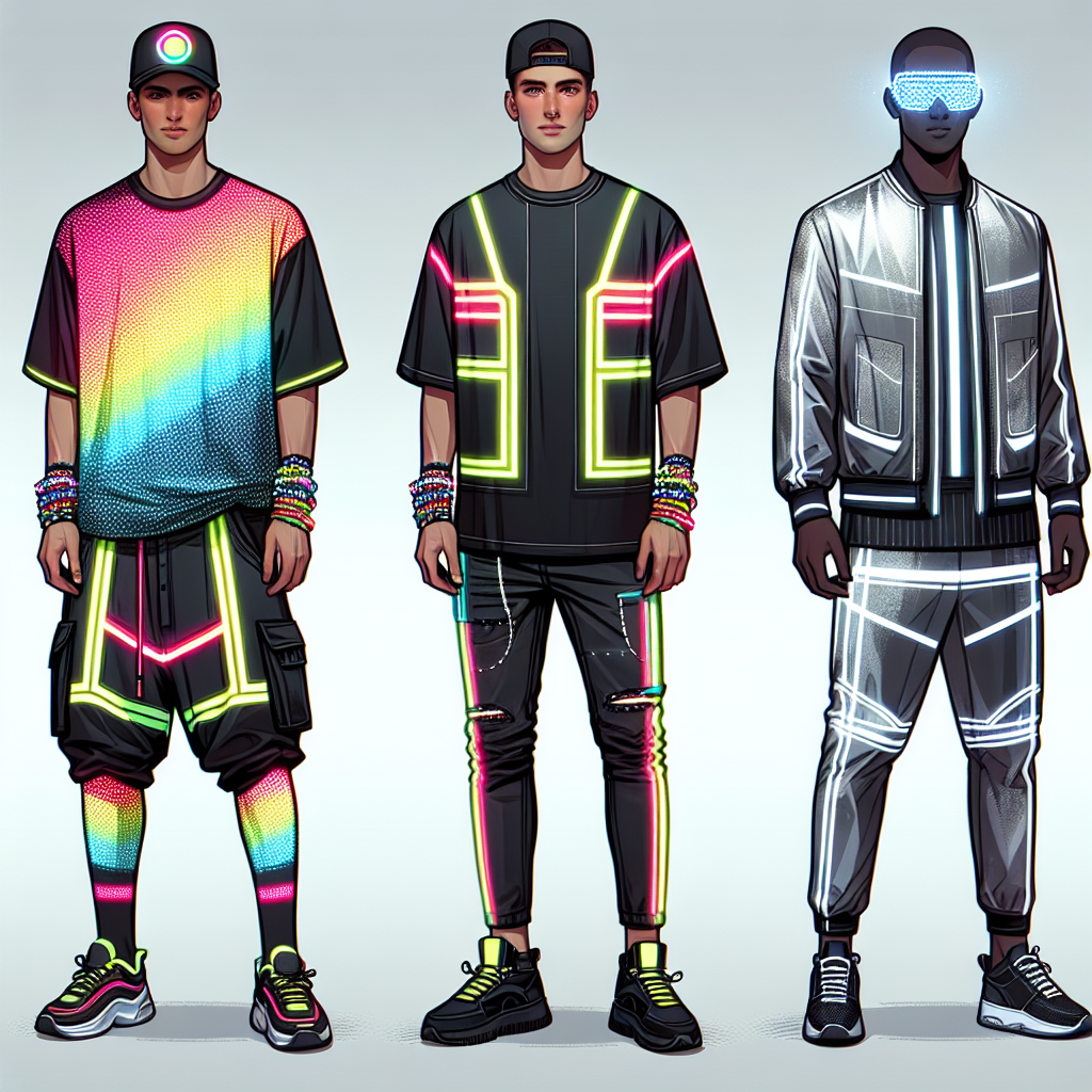 Imagine a collection of fashionable rave outfits designed especially for men. The first outfit is on a South Asian man, featuring dazzling neon colors, baggy pants, an over-sized t-shirt and a snapback hat. The second is on a Caucasian man, accentuating a minimalist aesthetic with tight black jeans, a reflective vest, and unique eye wear. The third is on a Black man, combining futuristic and comfortable styles - a silver metallic tracksuit, sneakers, and an LED mask. All the clothing items appear practical, comfortable, and perfect for dancing.