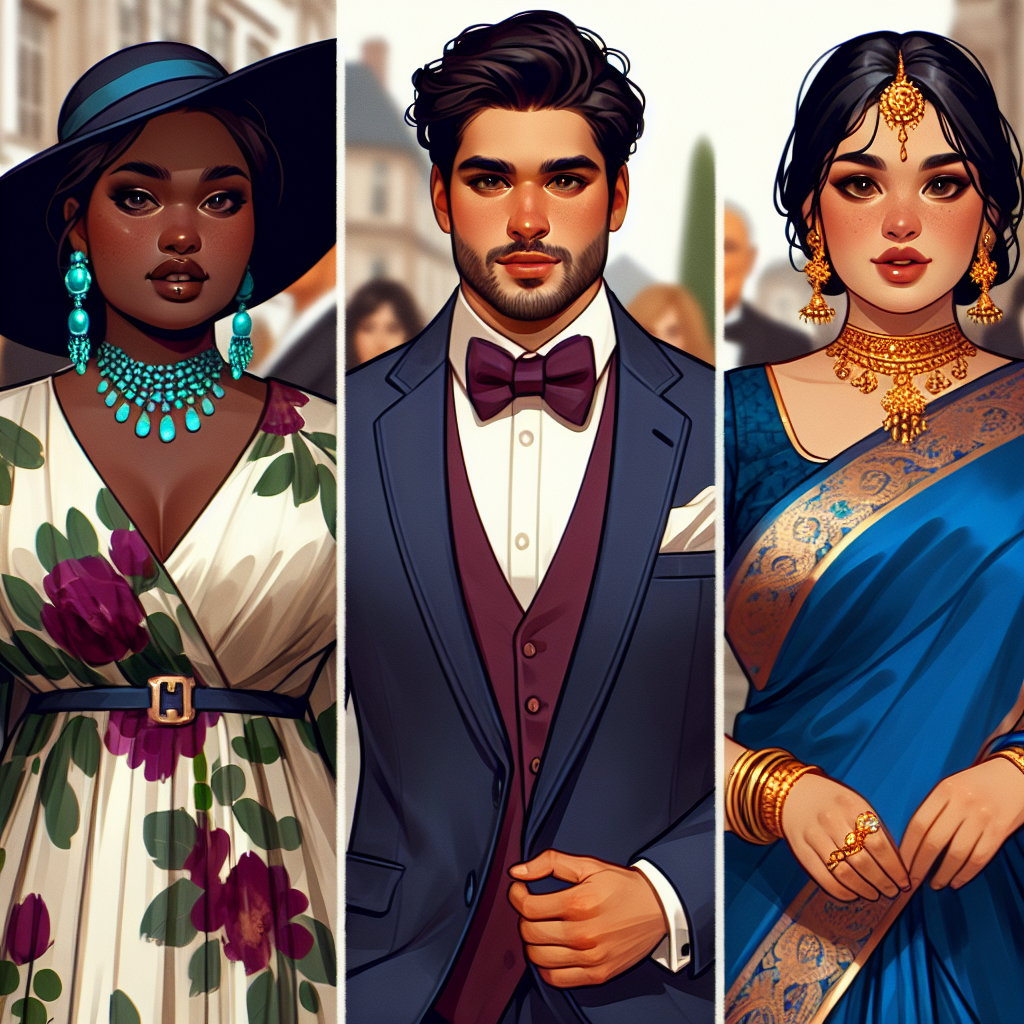Stunning Plus-Size Wedding Guest Outfits! Create an image showcasing three plus-size individuals arriving at a wedding ceremony. The first individual is a Black woman, looking radiant in an elegant, flowy, floral-design dress paired with a tasteful hat and stylish turquoise jewelry. The second person is a Hispanic man looking debonair in a navy blue tuxedo, coupled with a burgundy silk tie. The third person is a South Asian woman, her outfit is a traditional saree in hues of royal blue and gold, her look complemented by elegant gold jewellery. The atmosphere should reflect the joyous nature of the event.