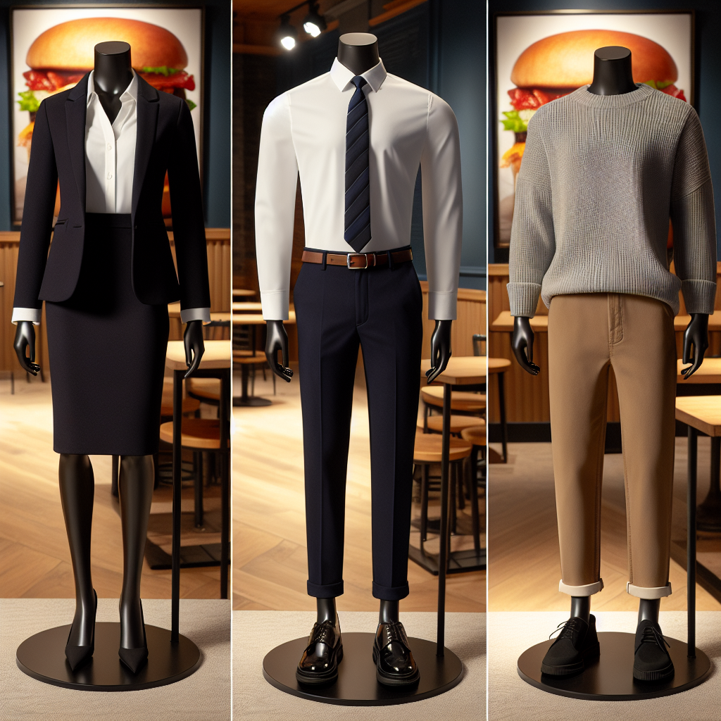 Showcase a set of three professional outfits suitable for a job interview at a fast-food restaurant, specifically emphasizing Taco Bell. The first outfit is for a Black woman, which includes a well-fitted blazer and a matching skirt in the color of navy blue, a white blouse, and a pair of black closed-toe shoes. The second outfit is for a Hispanic man, featuring a white crisp shirt, black chinos, and a pair of black loafers. The last outfit is intended for a Caucasian non-binary person, composed of a gray sweater, khaki pants, and continuing the theme with black closed-toe shoes. Please display all outfits on mannequin figures, against an inviting background.
