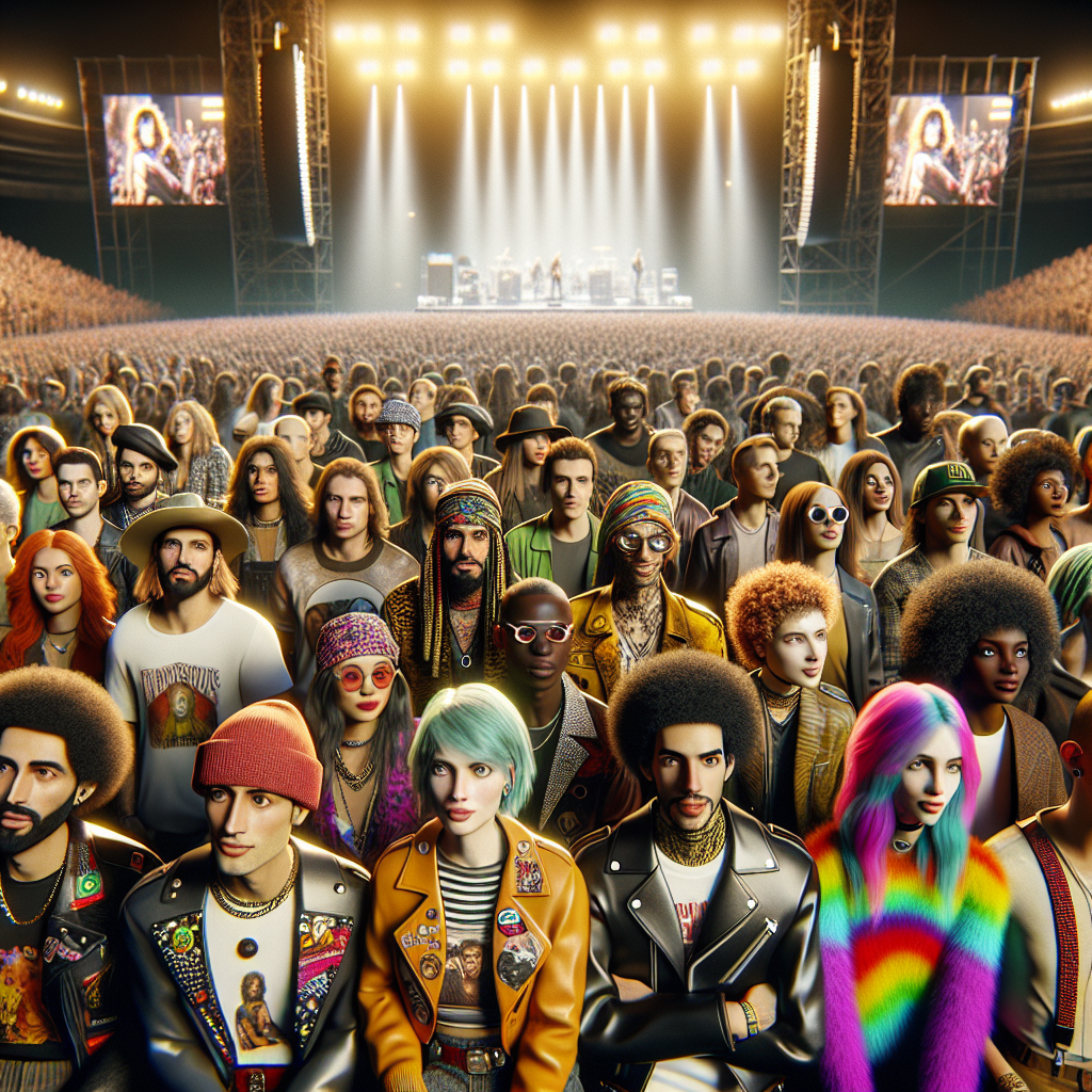 Stunning Outfits for Post Malone Concert 2024 Imaginary scene showing concert-goers at a music concert in 2024, excitedly waiting for the show to start. The crowd is diverse, with people of all descents such as Caucasian, Hispanic, Black, Middle Eastern, and South Asian. They are wearing a variety of creatively fashionable outfits, showcasing their personal styles and love for music. Unique clothing items include stylish band merch, vibrant colors, leather jackets, and trendy hats. The atmosphere is vibrant, filled with anticipation, and the setting shows impressive stage lights in the background.
