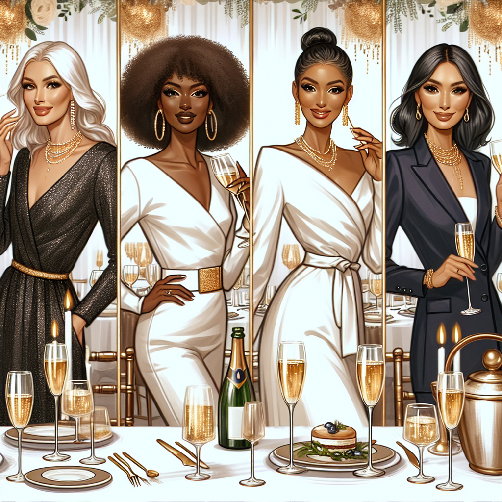 Stunning Outfits for a 50th Birthday Bash - Effortless Style Create a visually engaging representation of an upscale 50th birthday celebration. Picture a beautifully decorated venue with elegant glassware, white tablecloth-draped tables, and subtle golden decorations. A diverse group of four women of different descents (Black, Caucasian, Hispanic, and South Asian) are the center of attention, dressed in stunning outfits. Include a woman of Middle-Eastern descent wearing a chic business attire, sipping champagne. Each outfit represents effortless style—sophisticated cocktail dresses, a bold jumpsuit, a sleek dress-suit, and an elegant evening gown. The birthday attendee's faces show joy and enjoyment as they savor their stylish celebration.