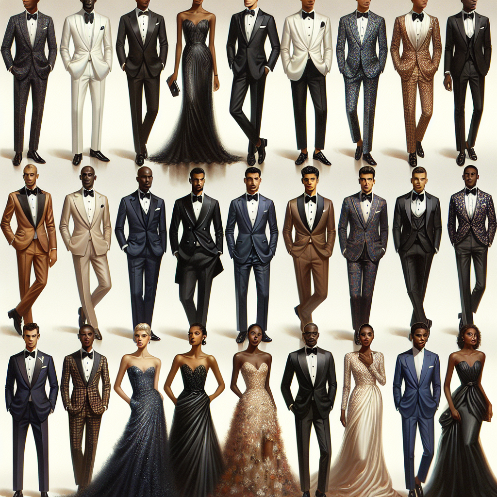 Stunning Outfits for Black Tie Optional Weddings A sophisticated and elegant display of style for Black Tie Optional wedding events. Visualize a collection of diverse individuals from different descents like African, Hispanic, Caucasian, and Middle-Eastern elegantly dressed. Men in myriad options from tuxedos, designer suits in black, navy, or grey, to stylish blazers. Women in mesmerizing gowns ranging from knee-length cocktail dresses to floor-length elegant outfits, showcasing a spectrum of hues from classic black to cheerful pastels. The attire should display a sense of richness, glamour and sophistication that's associated with such events.