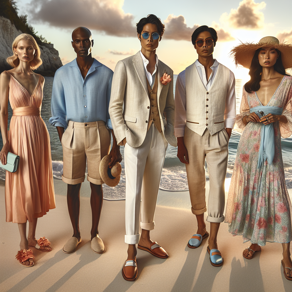 Show an enchanting beach scene set at sunset time. In the foreground, depict a diverse group of wedding guests. Include four individuals: 1) A mature Caucasian woman with a sleek, knee-length peach sundress paired with a straw hat and colorful sandals, holding a small pastel colored clutch. 2) A young, black man in a light-colored linen suit with a bright blue shirt, barefoot with his pant legs rolled up and sunglasses in his hand. 3) An older South Asian man dressed in a white short kurta, beige pants and comfortable loafers. And 4) A determined middle-aged Hispanic woman in a floral maxi dress, with a wide-brimmed hat and strappy sandals, holding a pair of sunglasses. All of them standing on the soft sand, with a gentle sea breeze rustling their outfits, portraying varied yet perfectly fitting beach wedding guest attire.