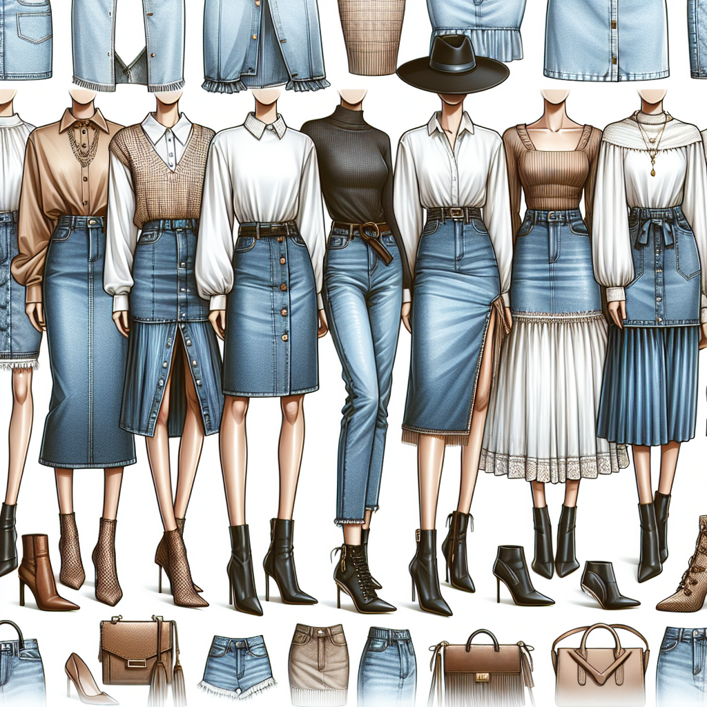 Stunning Outfits for Denim Skirts: Must-Have Combos A detailed fashion array showcasing a collection of stunning outfits composed of denim skirts. The collection should span across different styles, from casual and edgy to elegant and chic. Each outfit can be paired with items such as fitted blouses, oversized sweaters, ankle boots, or high heels, reflecting the dynamic versatility of denim skirts. Make sure to include a variety of body types, empathy towards real human body measurements, and diversity in skin color. Accessorize the looks with tasteful jewelry, stylish hats, and trendy handbags. Have all these stylish outfits neatly arranged in a boutique-like setting.