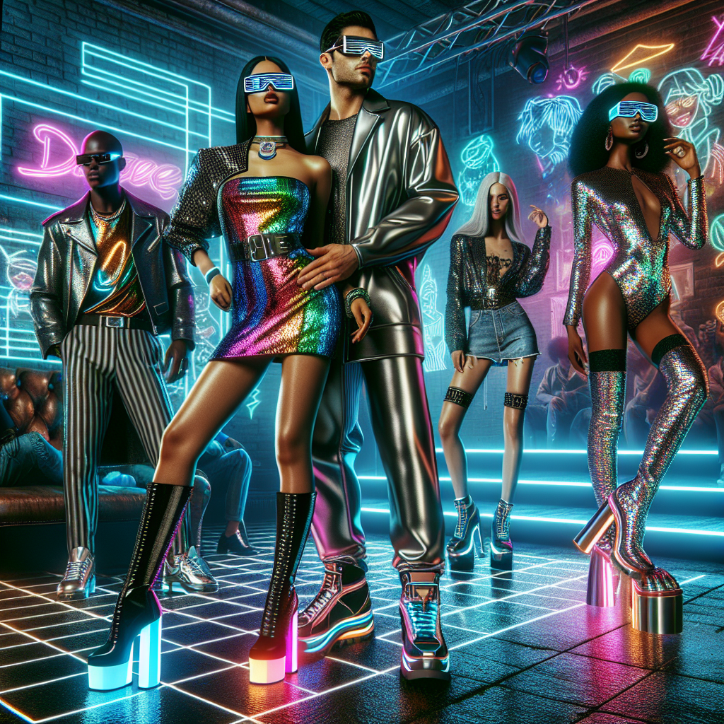 What to Wear to a Club 2024: Must-Have Styles! Visualize an energetic fashion scene of 2024 in a lively nightclub. Imagine a Middle-Eastern man dressed in a trendy metallic suit, sunglasses, and futuristic sneakers beside a South Asian woman clad in a chic neon mini dress, high heels featuring LED details. In another corner, picture a Black woman in a dazzling sequined jumpsuit with chunky platform boots and a Hispanic man sporting a sleek leather jacket, holographic shirt, and distressed jeans. The club's interior is pulsing with neon lights, laser beams, and electronic graffiti art on the walls.