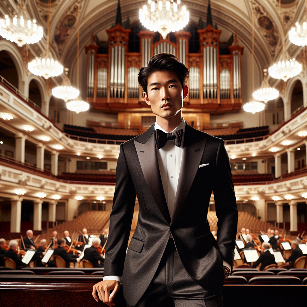 What to Wear to a Symphony: Men’s Elegant Guide A sophisticated indoor scene at an elegant symphony hall. The main focus is an Asian man dressed immaculately, adorning a black-tie ensemble complete with a tailored tuxedo, a crisp white shirt, a classic black bow tie, shiny black Oxford shoes, and a stylish white pocket square. He carries himself confidently, exuding an air of class and sophistication fitting for the occasion. In the background, the hall boasts grand architecture with finely crafted wooden seats, a grand stage intended for the orchestra, and majestic chandeliers casting a warm, inviting light over the entire scene.